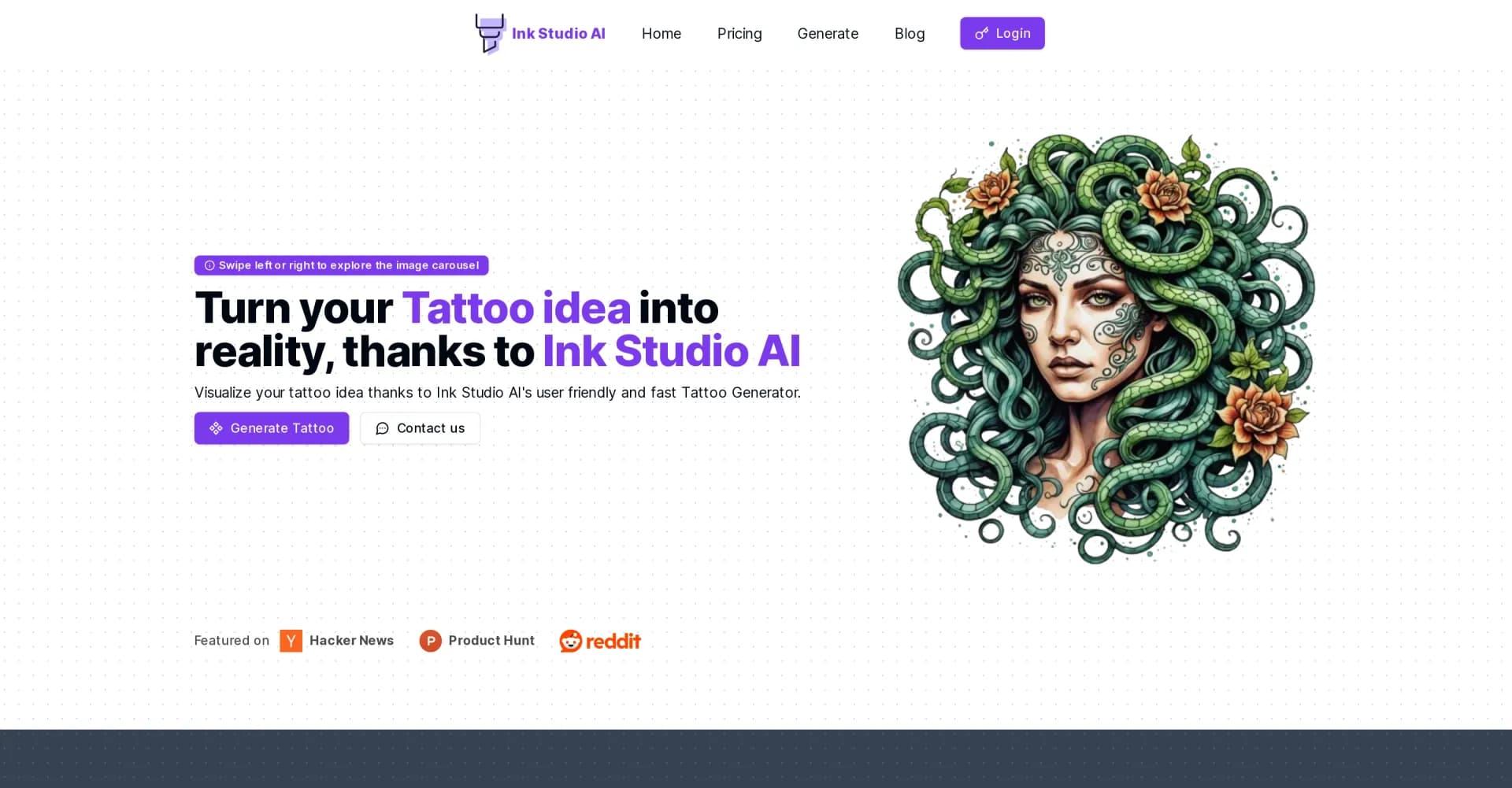 Ink Studio AI homepage screenshot — Generate your dream tattoo instantly with AI.