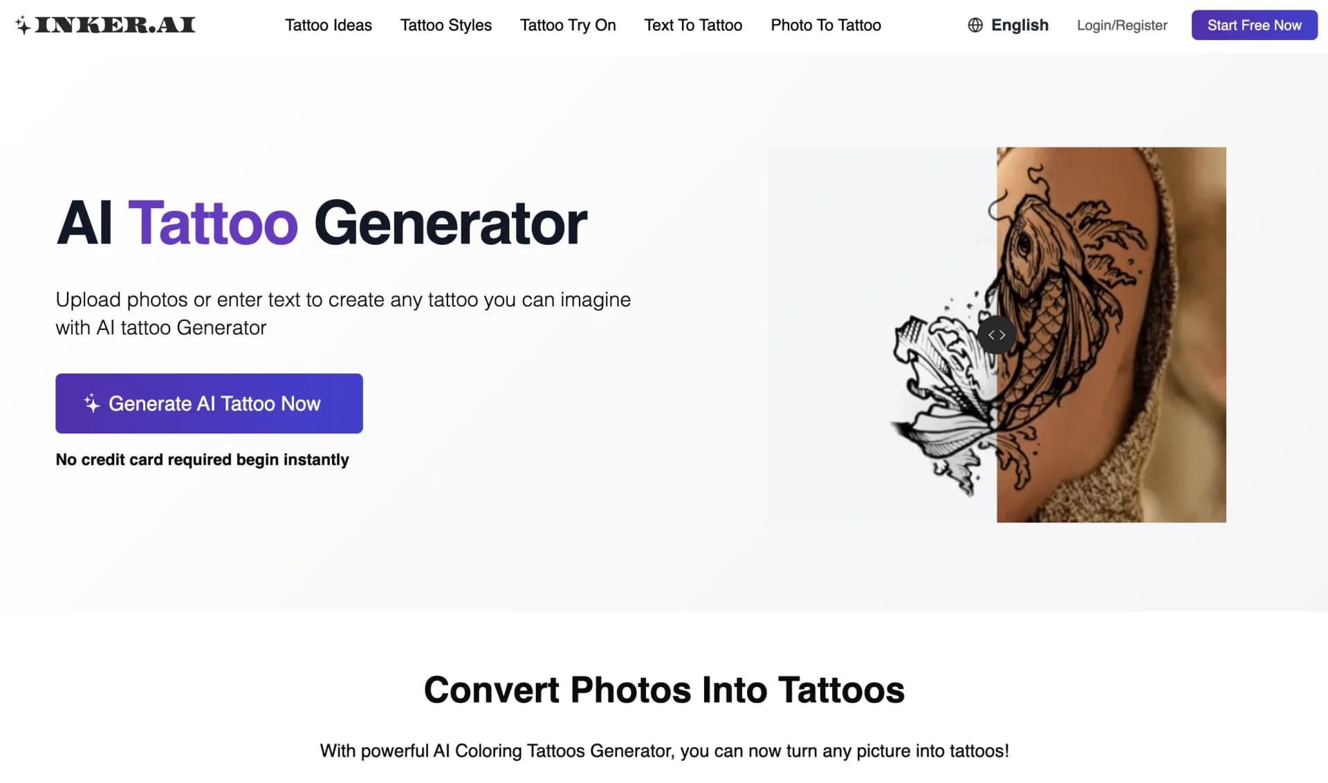 inker.ai homepage screenshot — Create any tattoo you can imagine with AI.