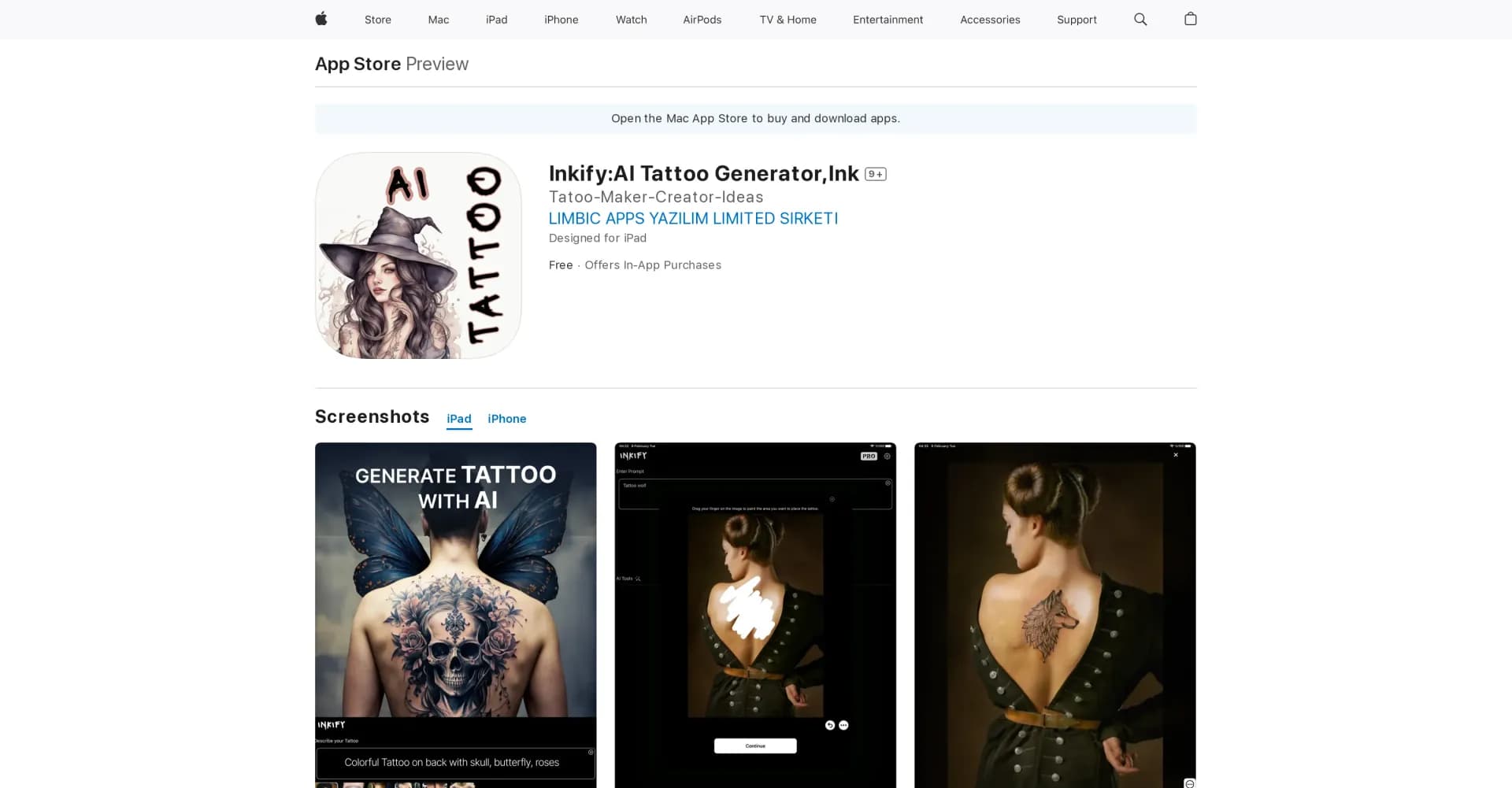 Inkify homepage screenshot — Transform your skin into an AI masterpiece.