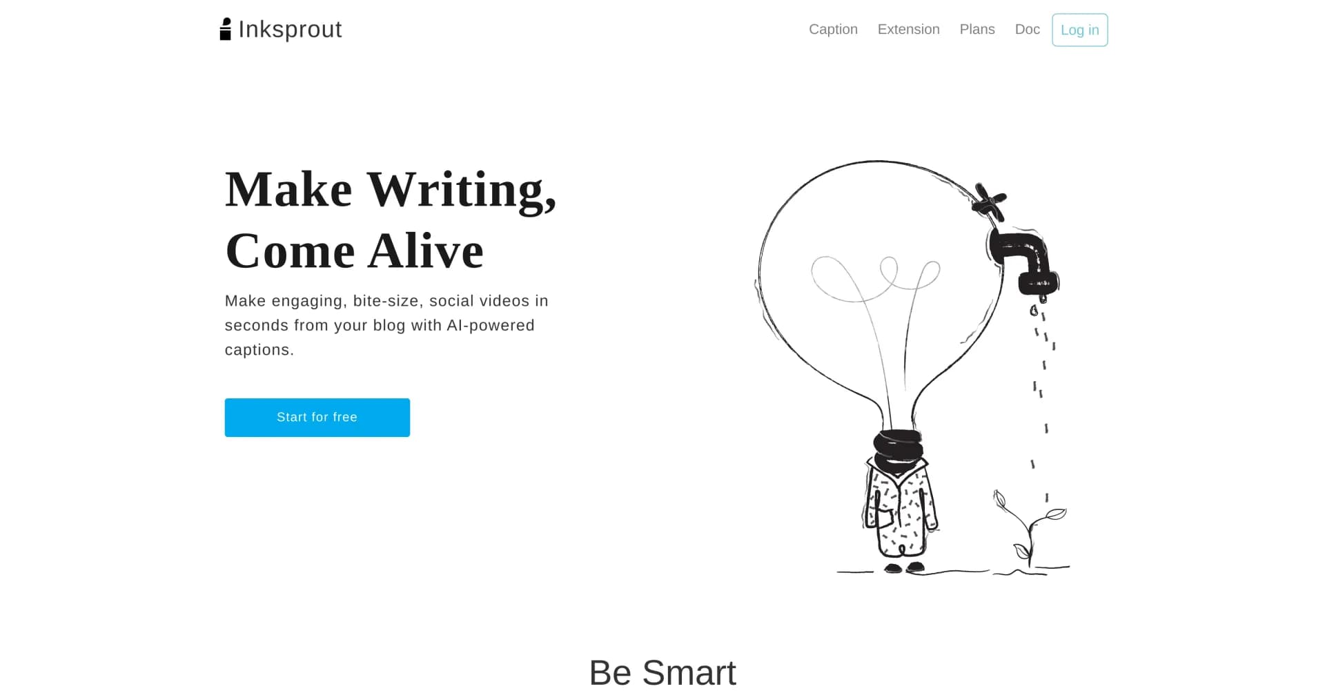 Inksprout Video homepage screenshot — Create bite-size social videos from blogs instantly