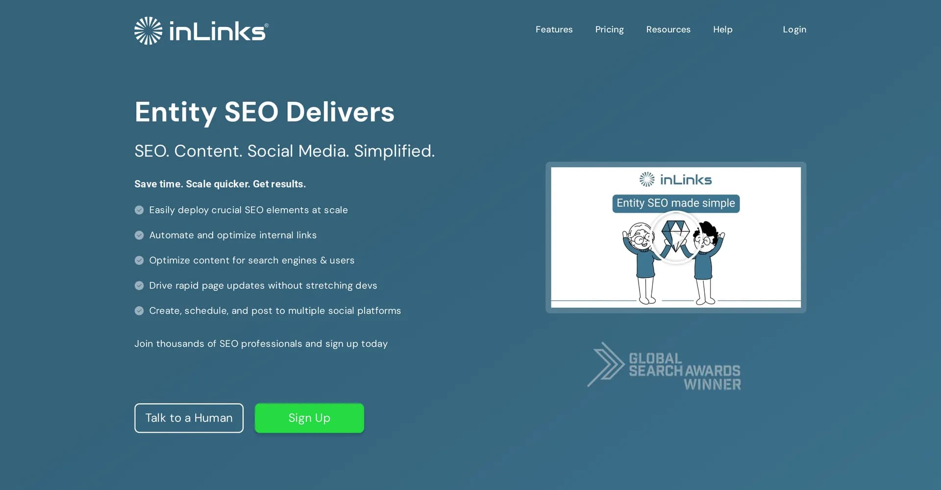 InLinks homepage screenshot — Entity SEO tool for content, schema, Internal linking & Soci