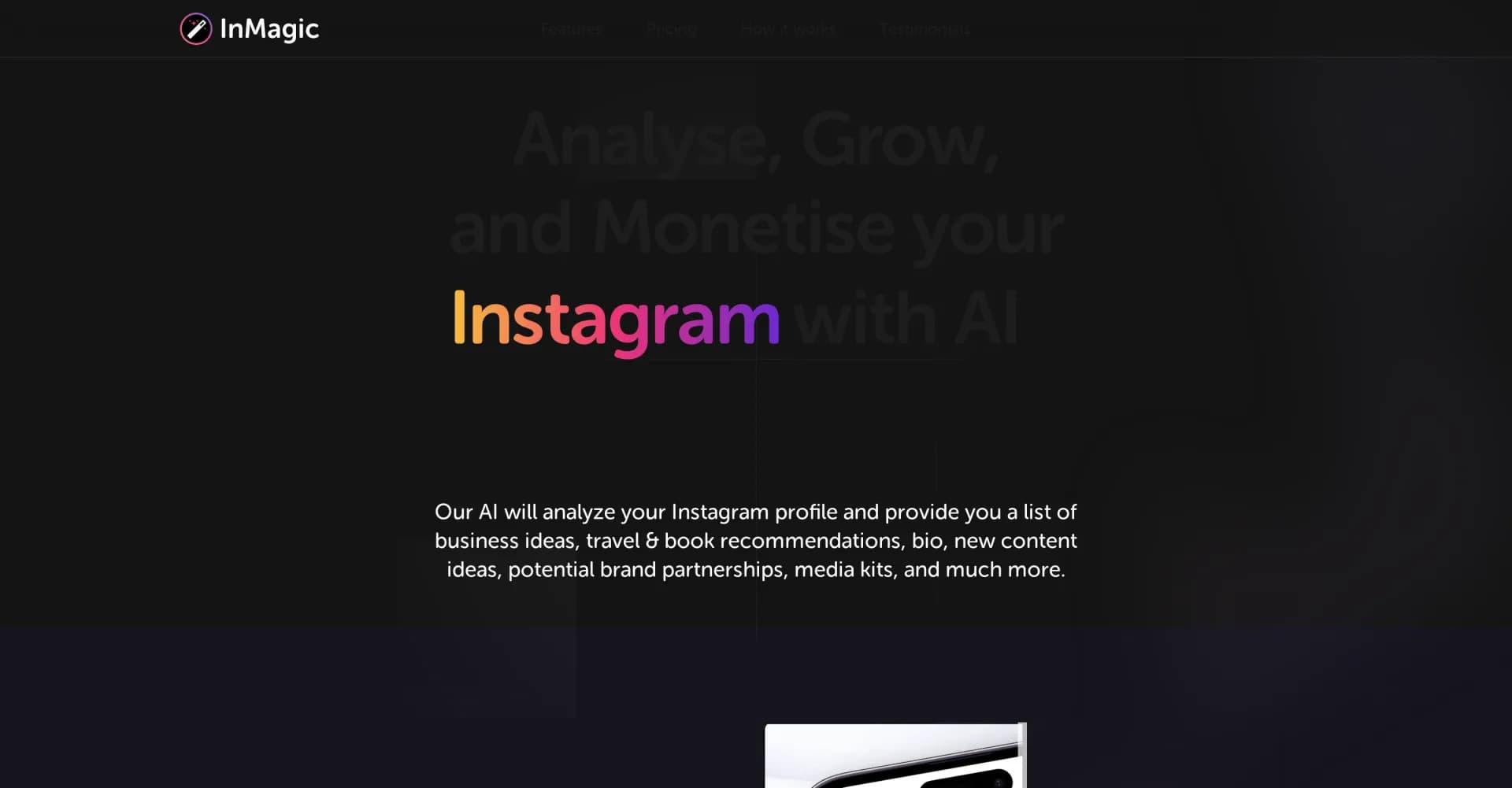 InMagic homepage screenshot — Unlock Instagram potential with AI-powered growth.