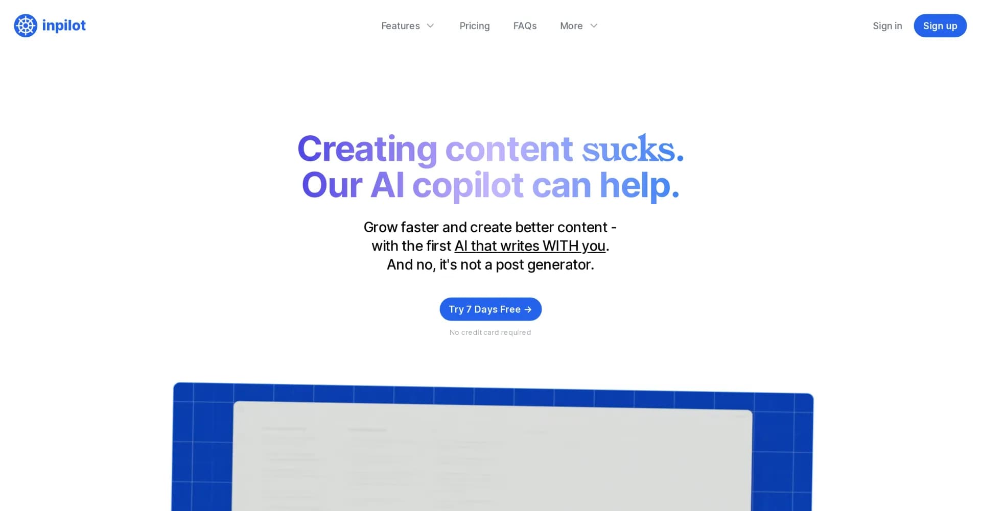 Inpilot homepage screenshot — Grow LinkedIn faster with AI-powered content creation.