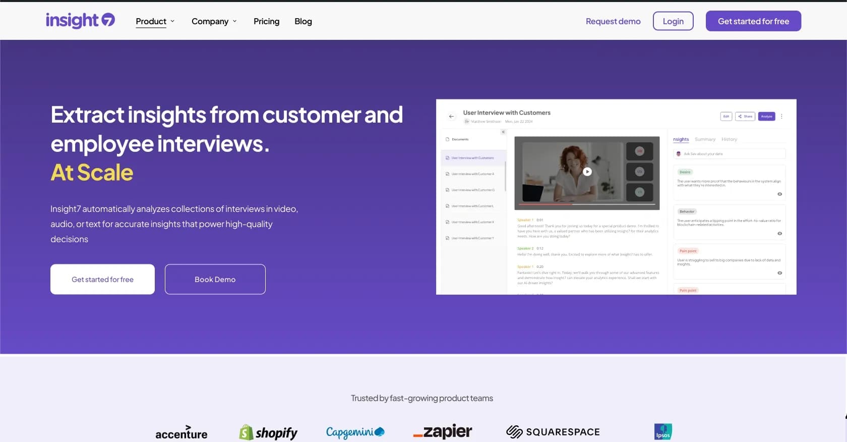 Insight7 homepage screenshot — Customer insights drive fast product discovery.