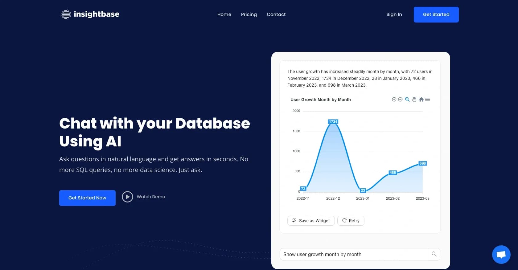 InsightBase homepage screenshot — Chat with your database using AI
