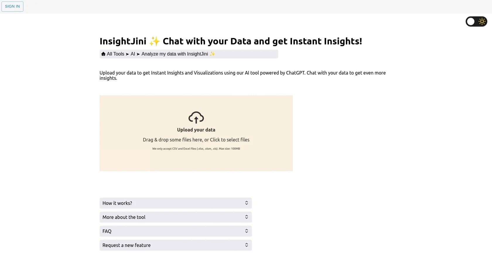 InsightJini homepage screenshot — Chat with your data for instant insights.