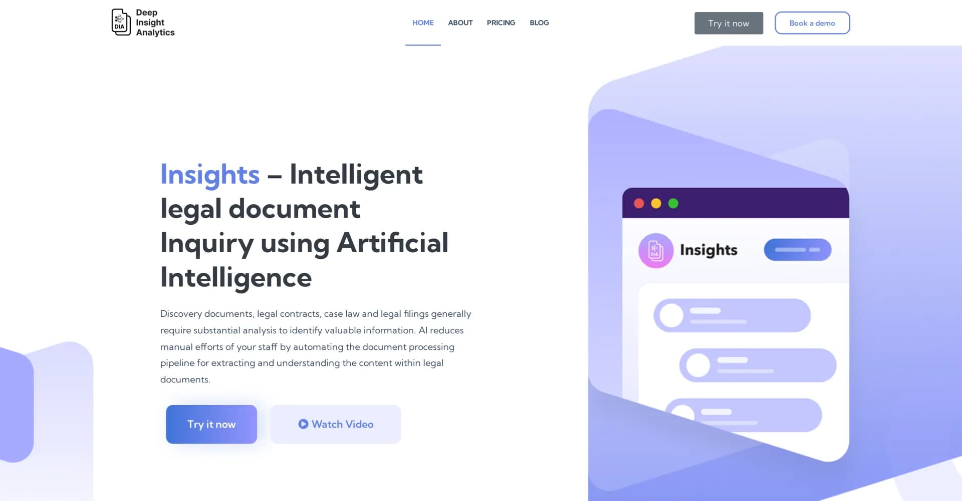 Insights - Intelligent Legal Document Inquiry homepage screenshot — AI-powered legal document analysis for rapid insights