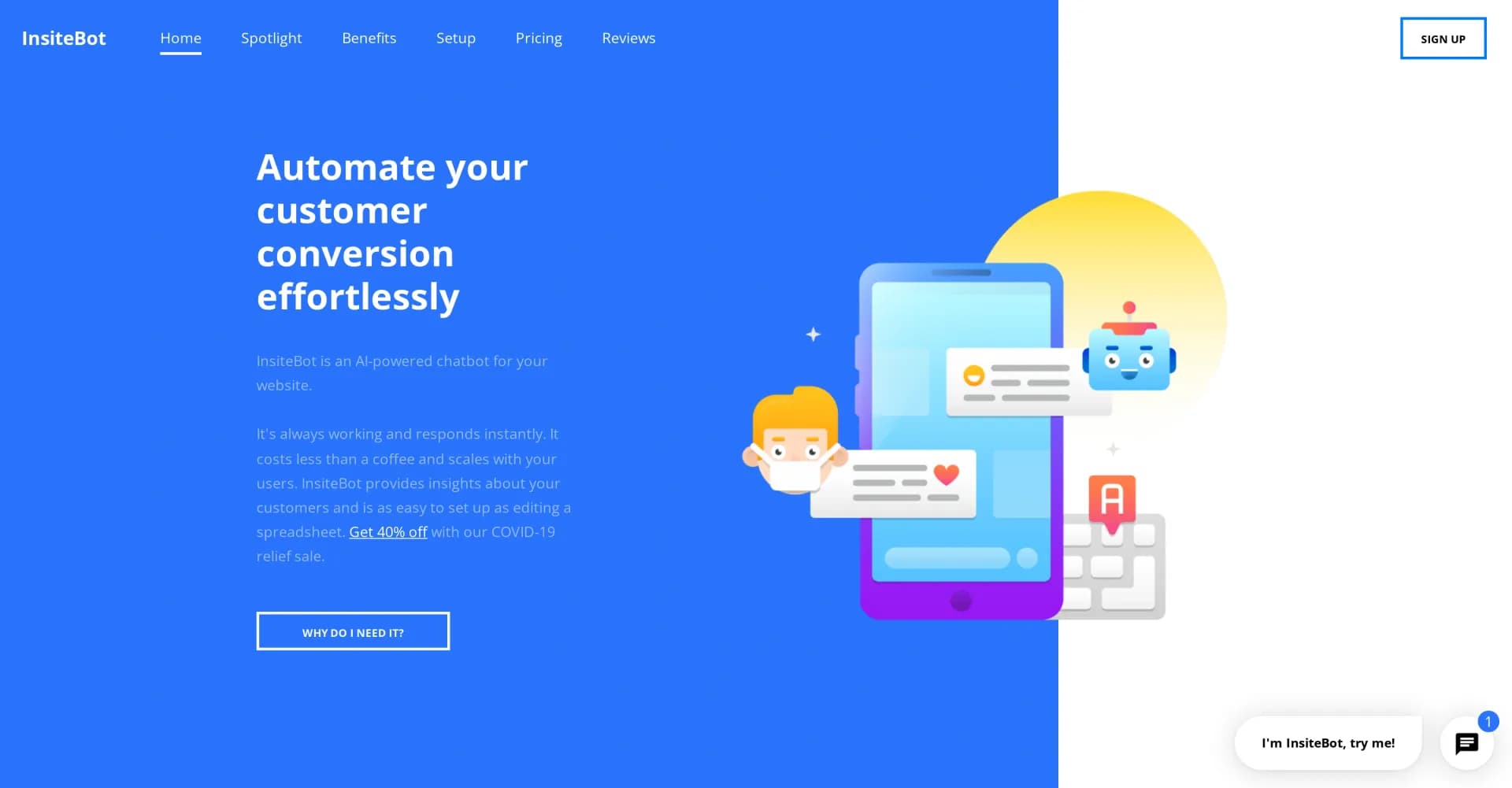 InsiteBot homepage screenshot — AI chatbot for your website, easy as editing a spreadsheet.