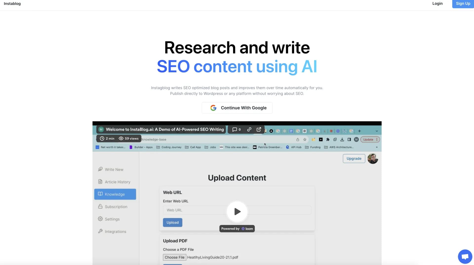 instaBlog homepage screenshot — AI-powered blogging that automates SEO optimization