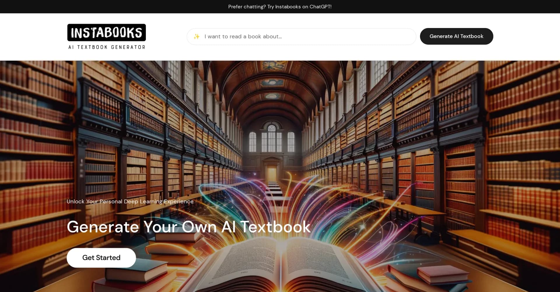 Instabooks homepage screenshot — Create customized AI textbooks on any topic