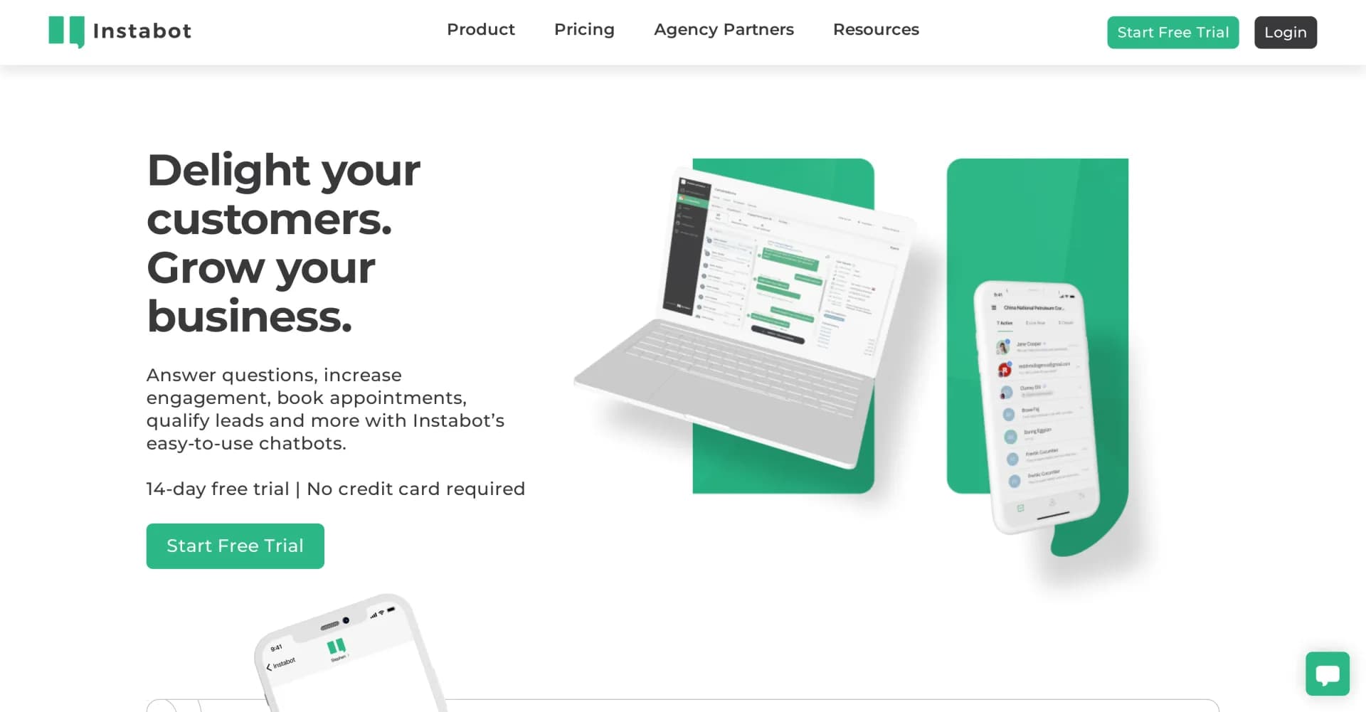 Instabot homepage screenshot — Generate leads and enhance customer experience with easy cha