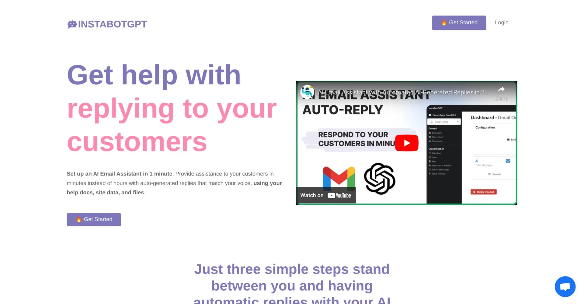InstaBotGPT homepage screenshot — Set up an AI email assistant in 1 minute