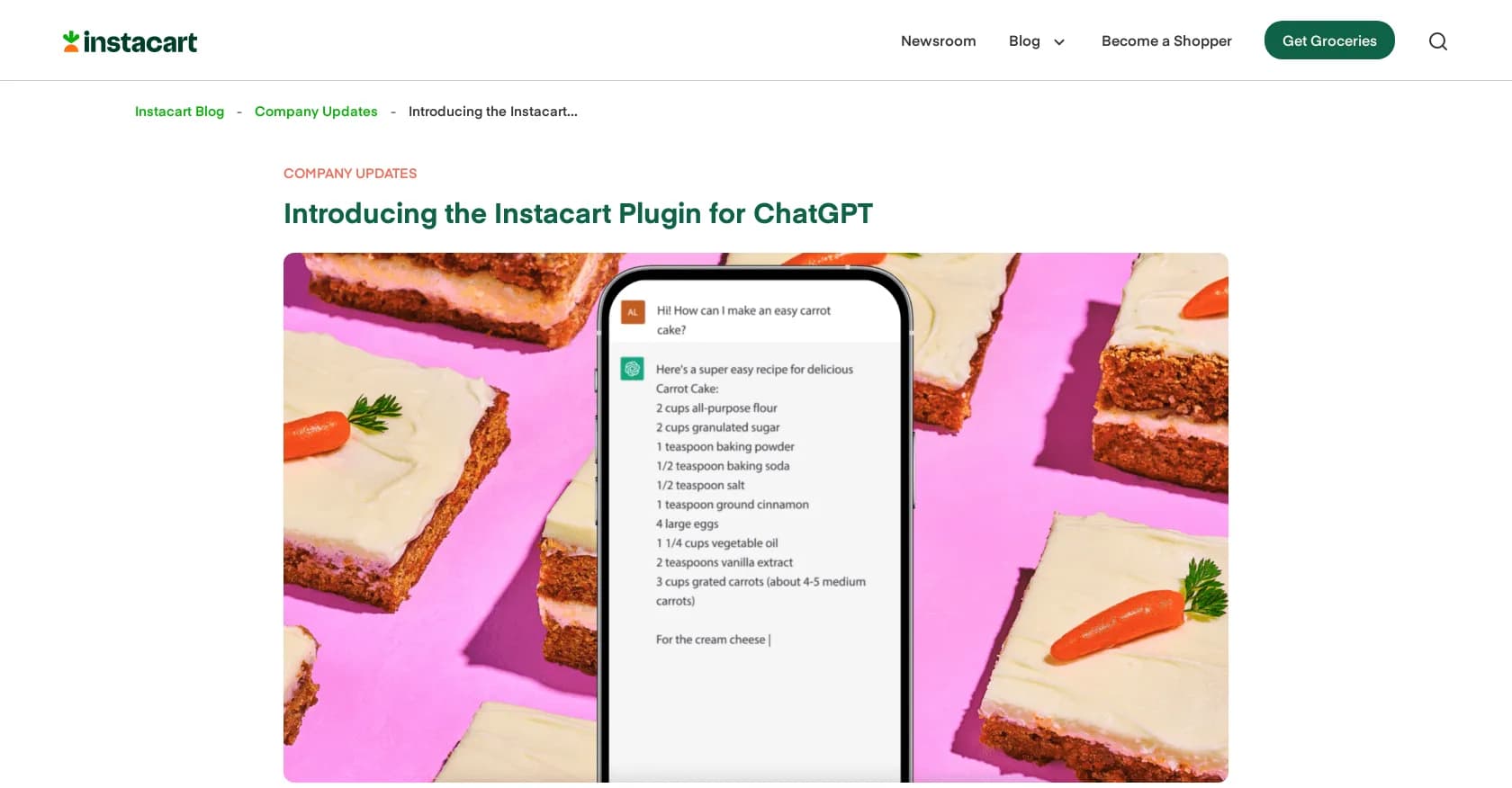Instacart ChatGPT plugin homepage screenshot — Simplify meal planning and grocery shopping with AI