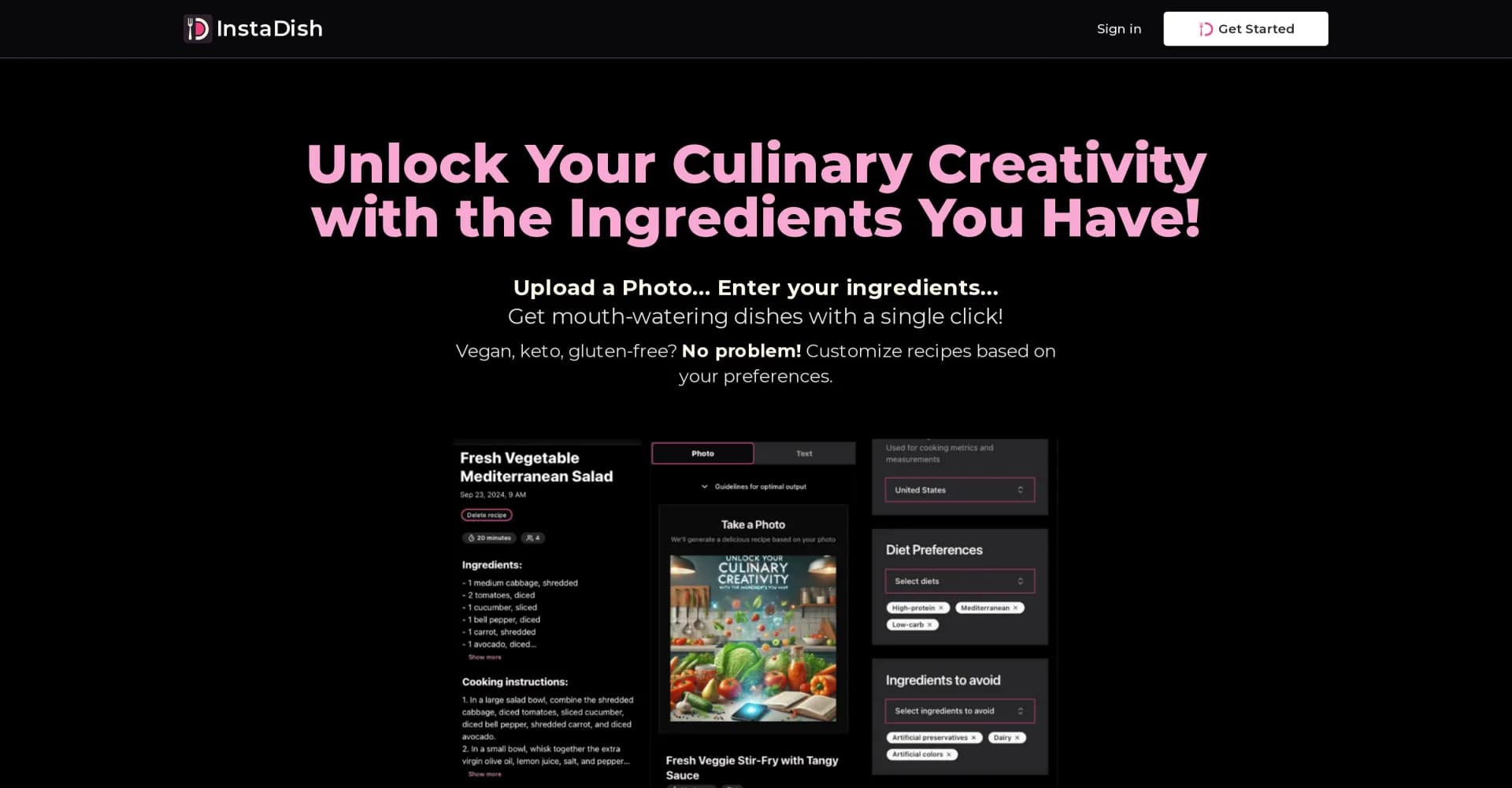 InstaDish homepage screenshot — Turn ingredients into instant recipes with a click.