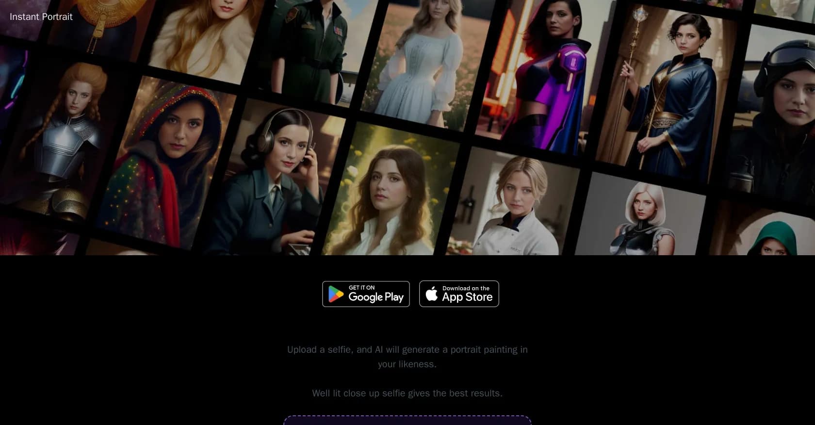 Instant Portrait homepage screenshot — AI-generated portrait paintings from selfies