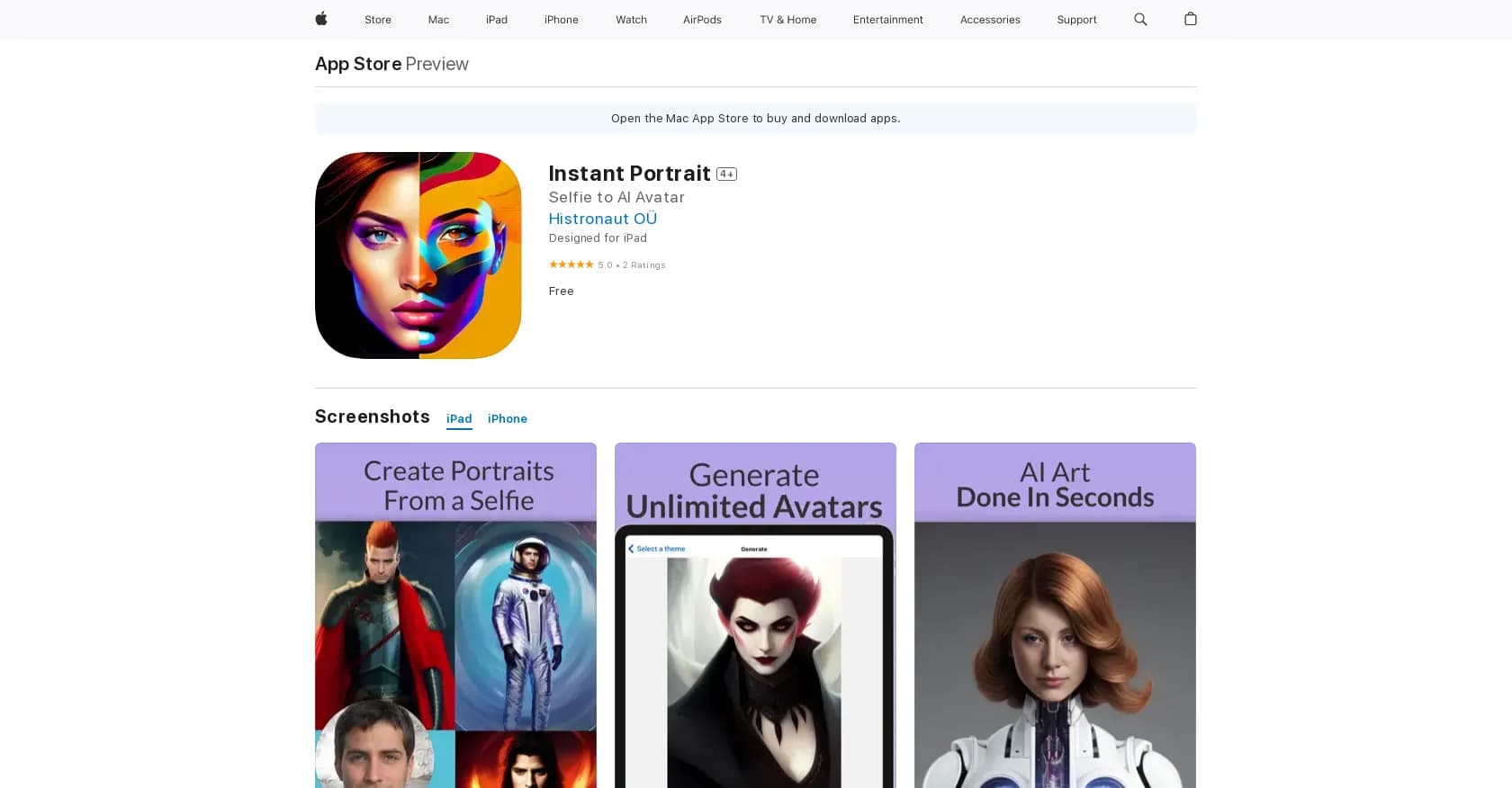 Instant Potrait homepage screenshot — Professional portraits created instantly.