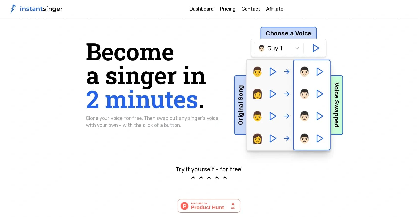 Instant Singer homepage screenshot — Clone your voice and sing any song instantly.