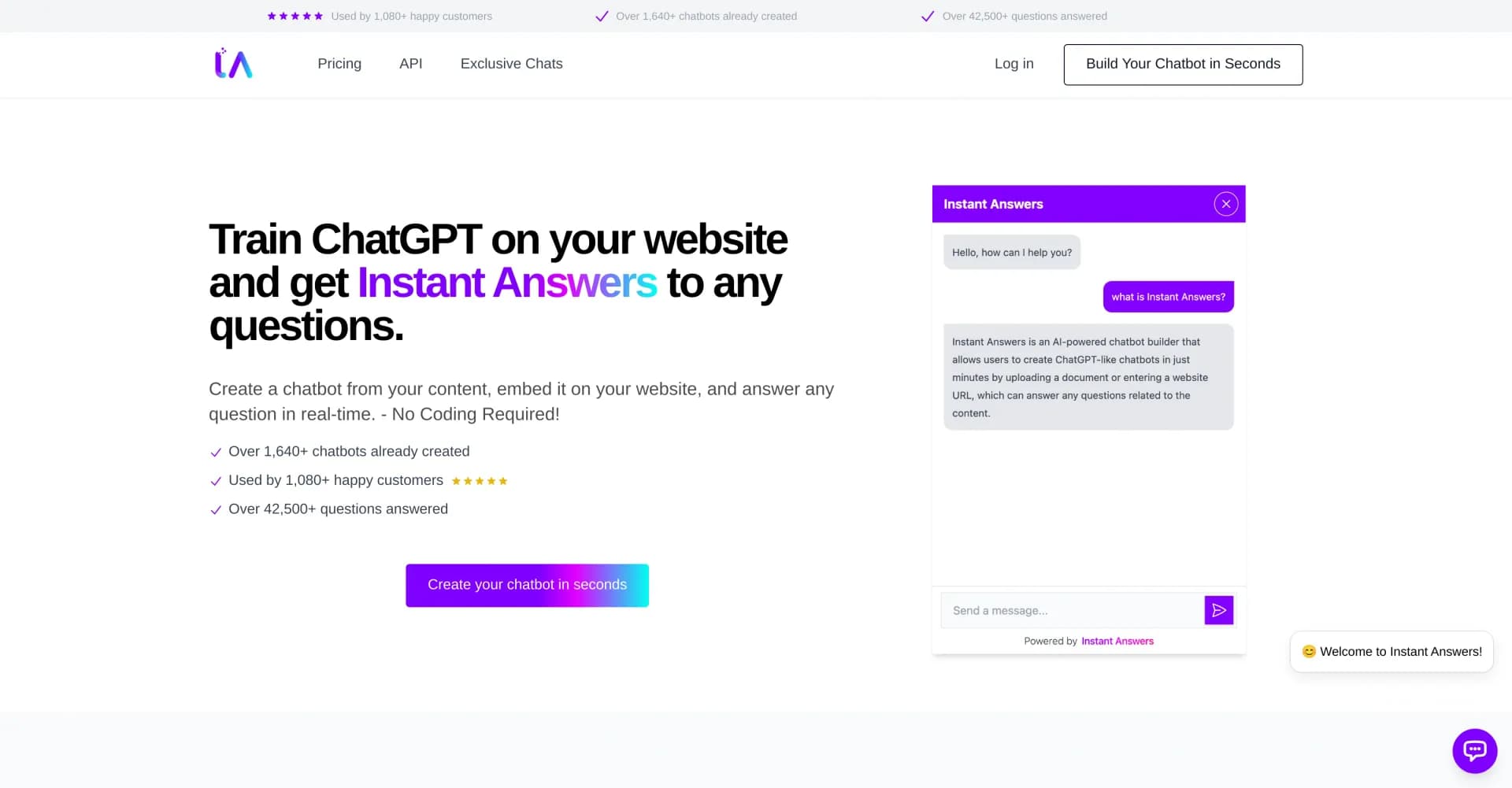 Instantanswers homepage screenshot — Train ChatGPT on your website for instant answers