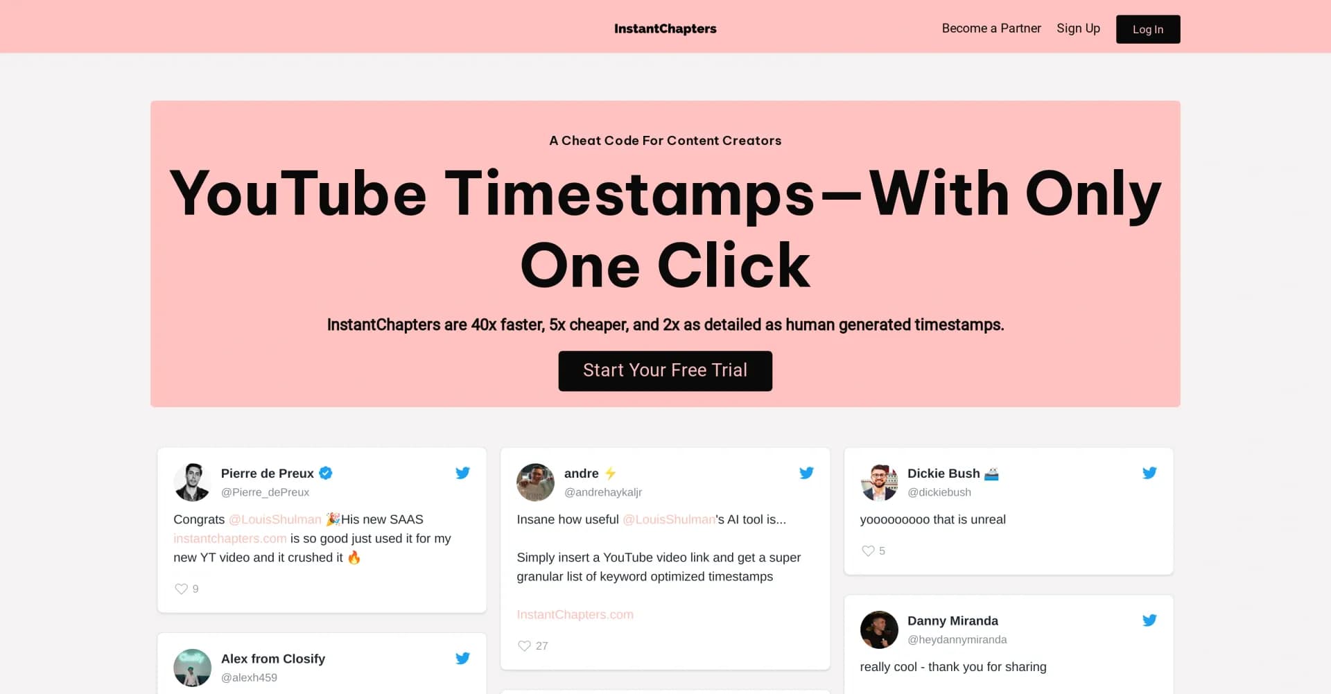 Instantchapters homepage screenshot — YouTube timestamps with one click