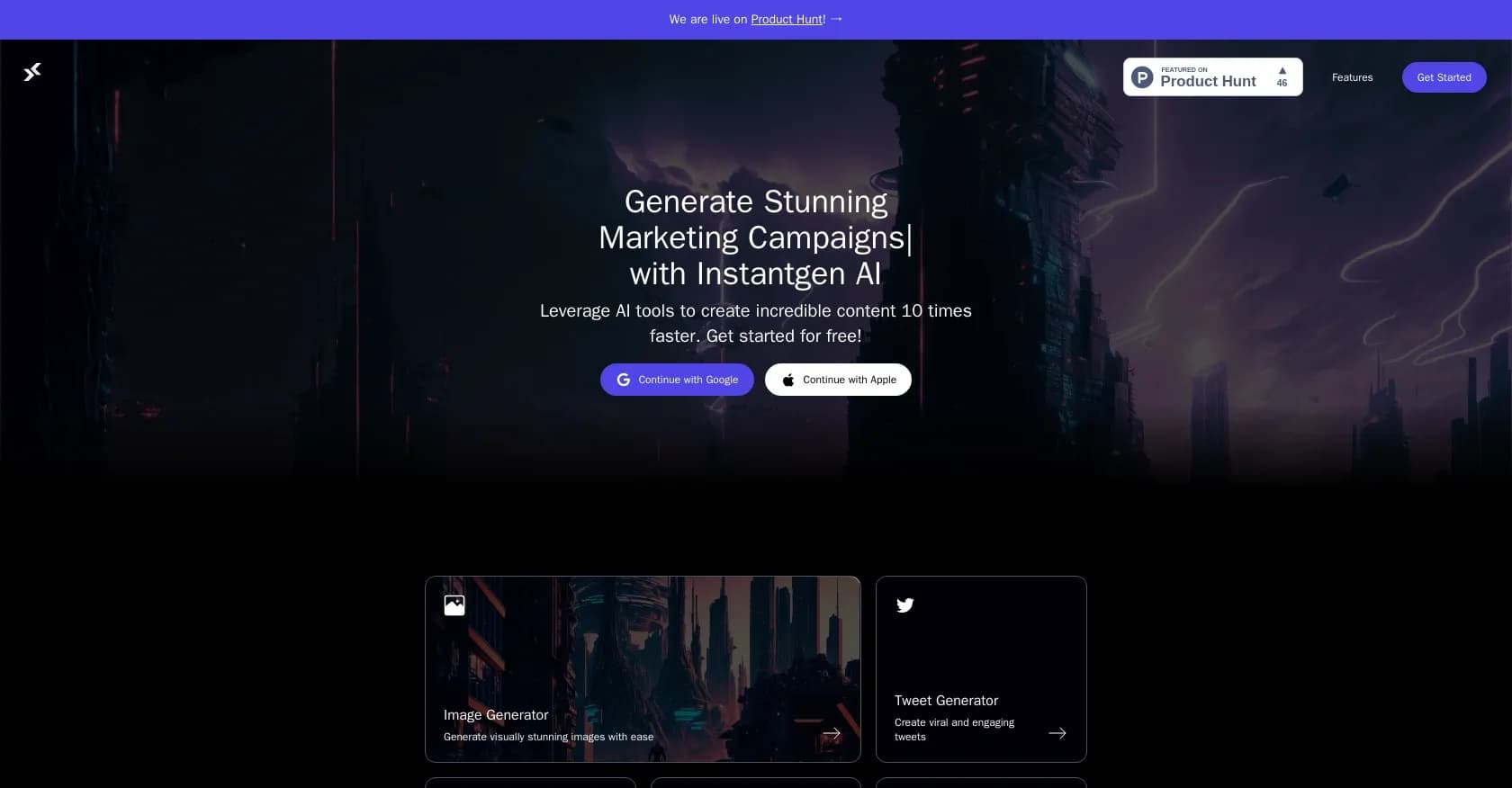 Instantgen homepage screenshot — Create stunning AI-powered content 10X faster.