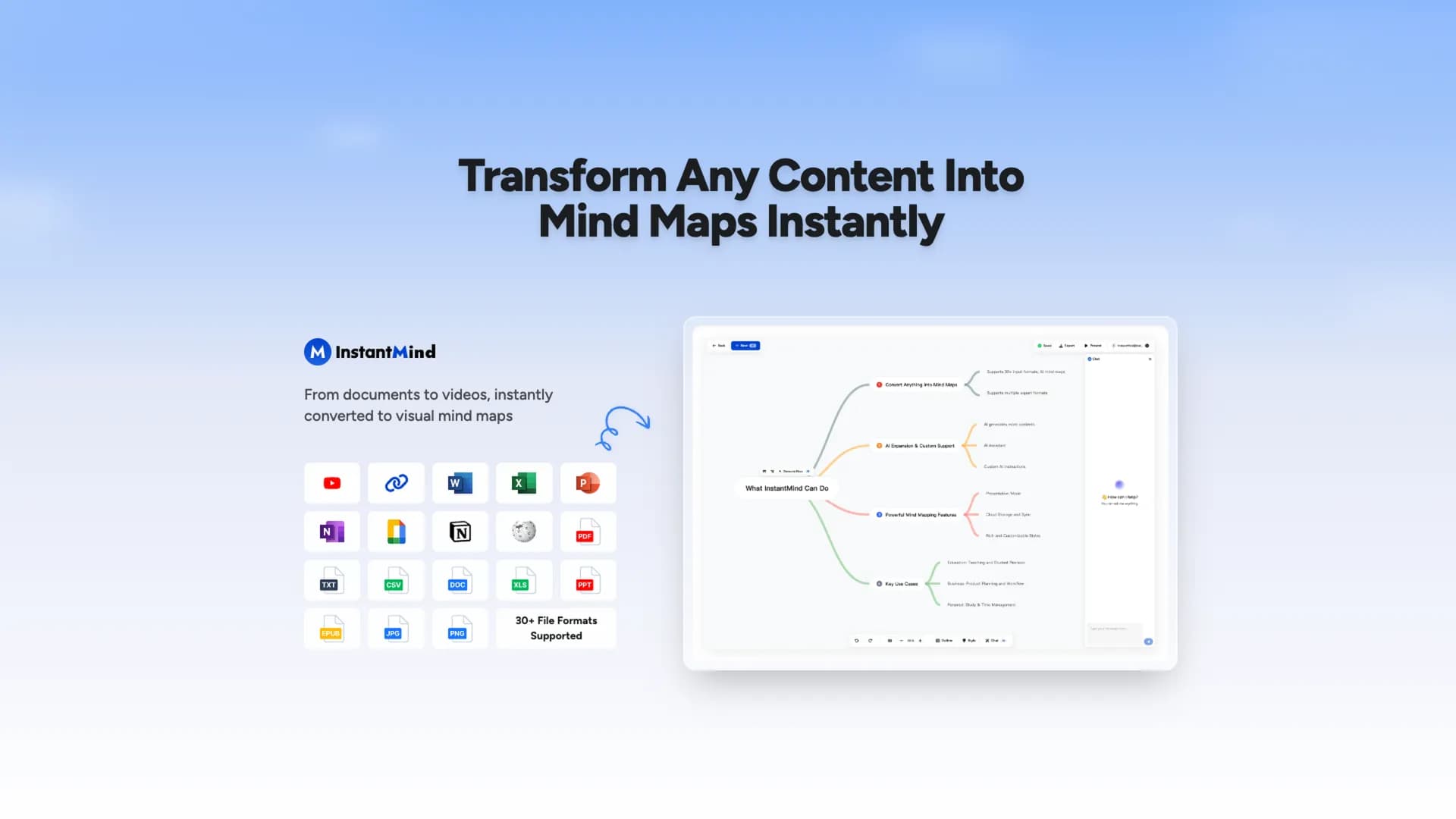 InstantMind homepage screenshot — AI-powered mind maps from any content, instantly.