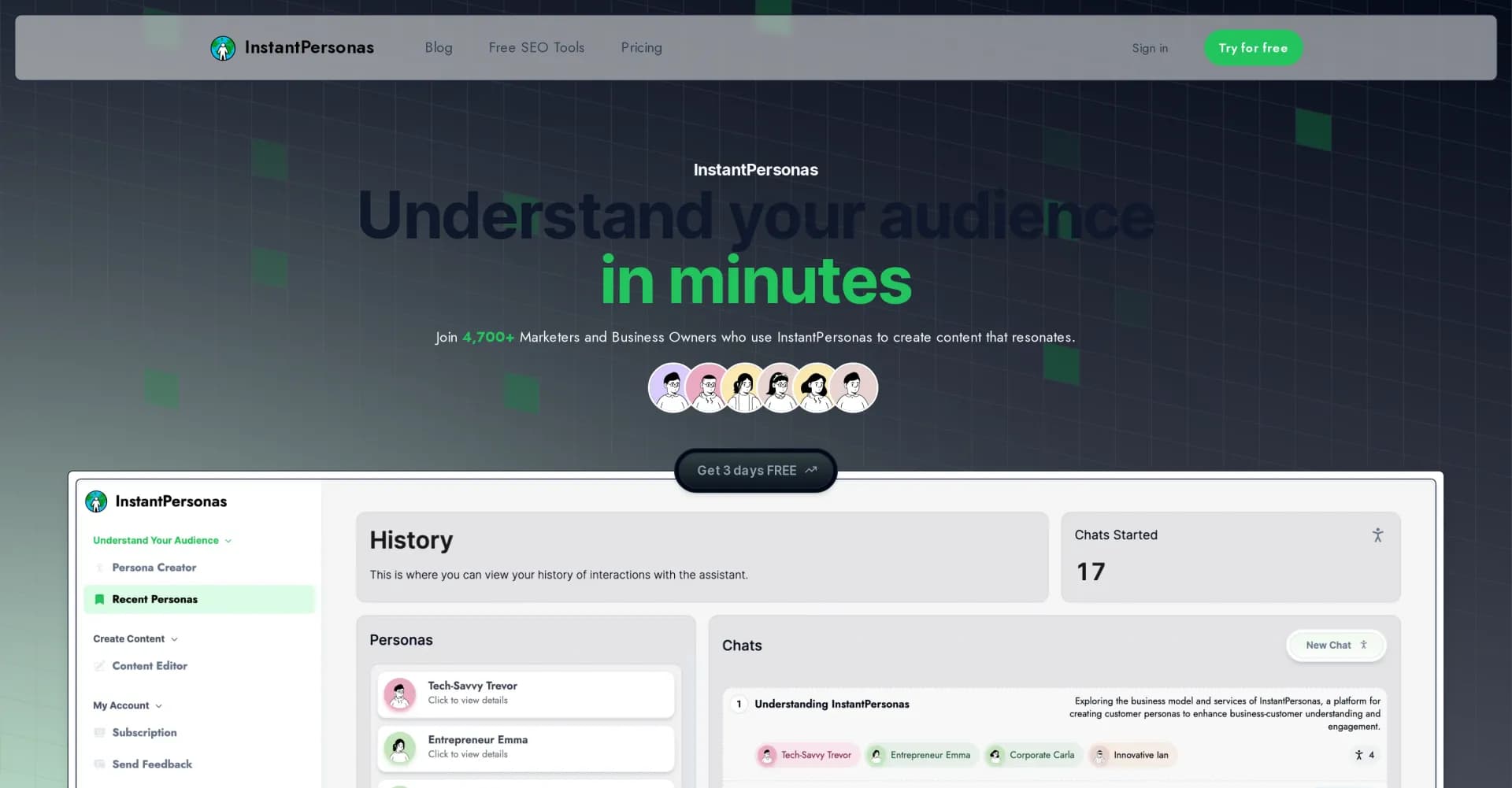 InstantPersonas homepage screenshot — Understand your audience in minutes.
