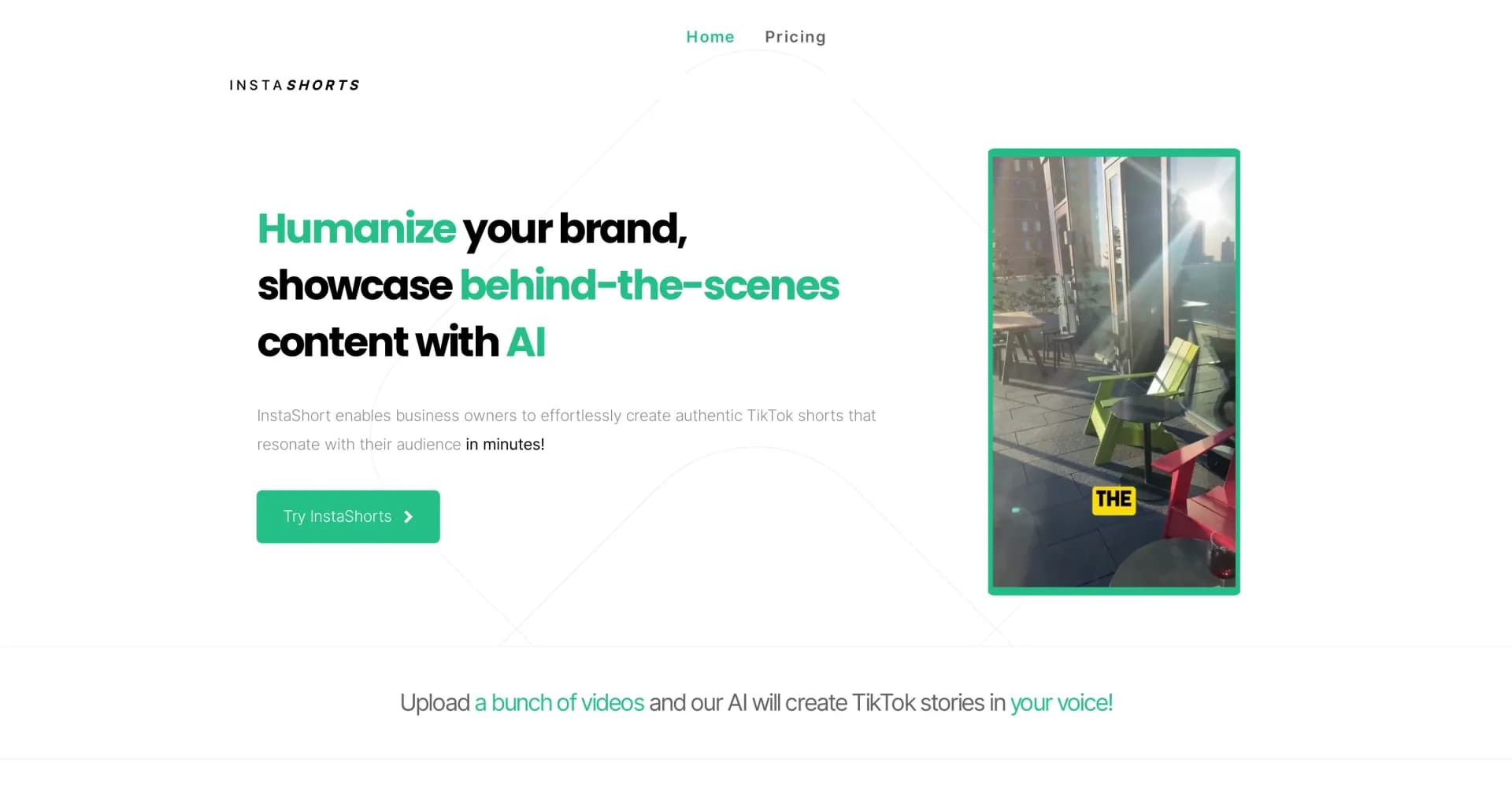 InstaShorts homepage screenshot — Craft viral TikTok shorts with AI-powered video editing.