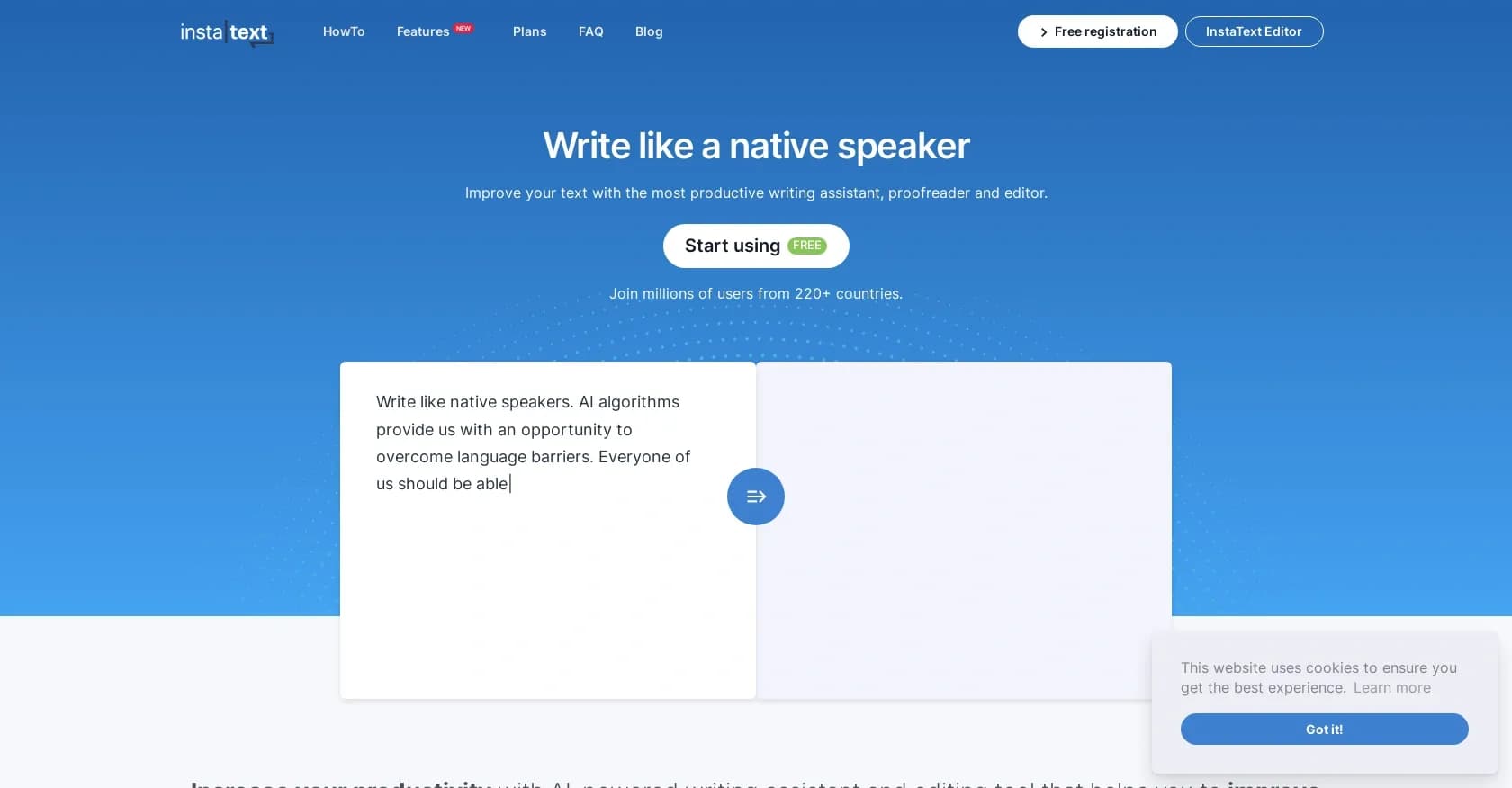 InstaText homepage screenshot — Write like a native speaker with AI-powered editing.