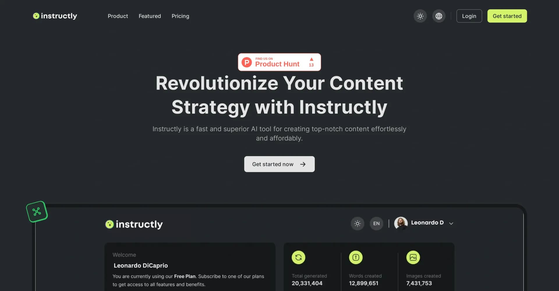 Instructly homepage screenshot — AI-powered content creation in minutes