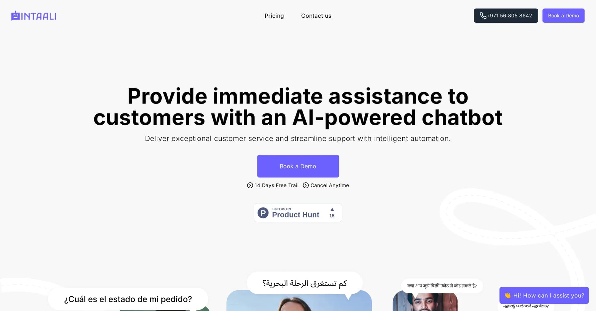 Intaali homepage screenshot — AI chatbot for instant, multilingual customer support