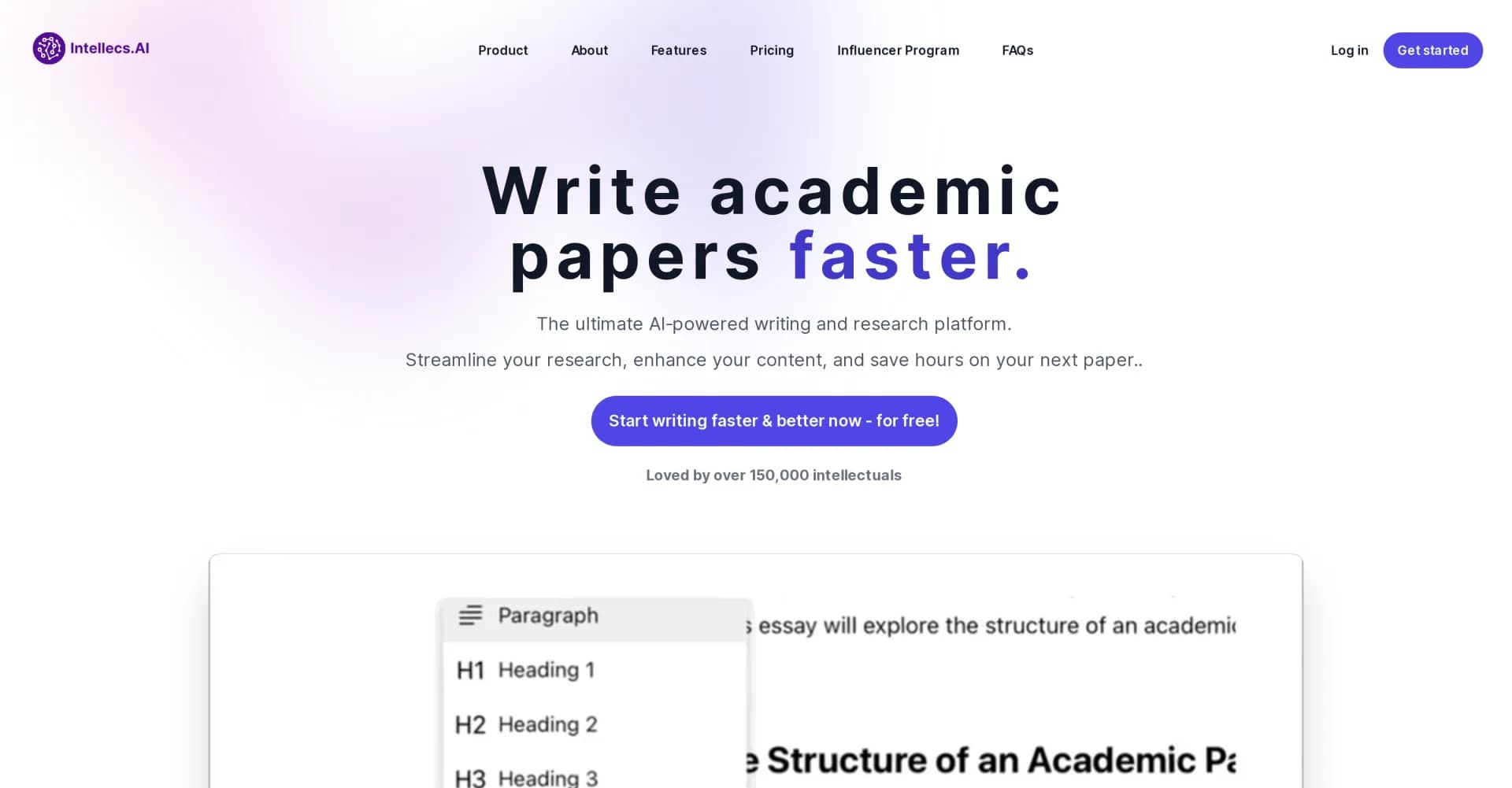 Intellecs homepage screenshot — AI-powered writing and research platform for faster academic