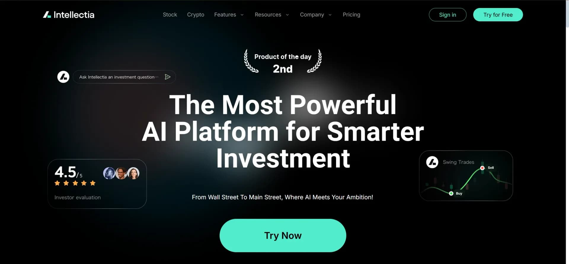 Intellectia homepage screenshot — AI-powered insights for smarter investing