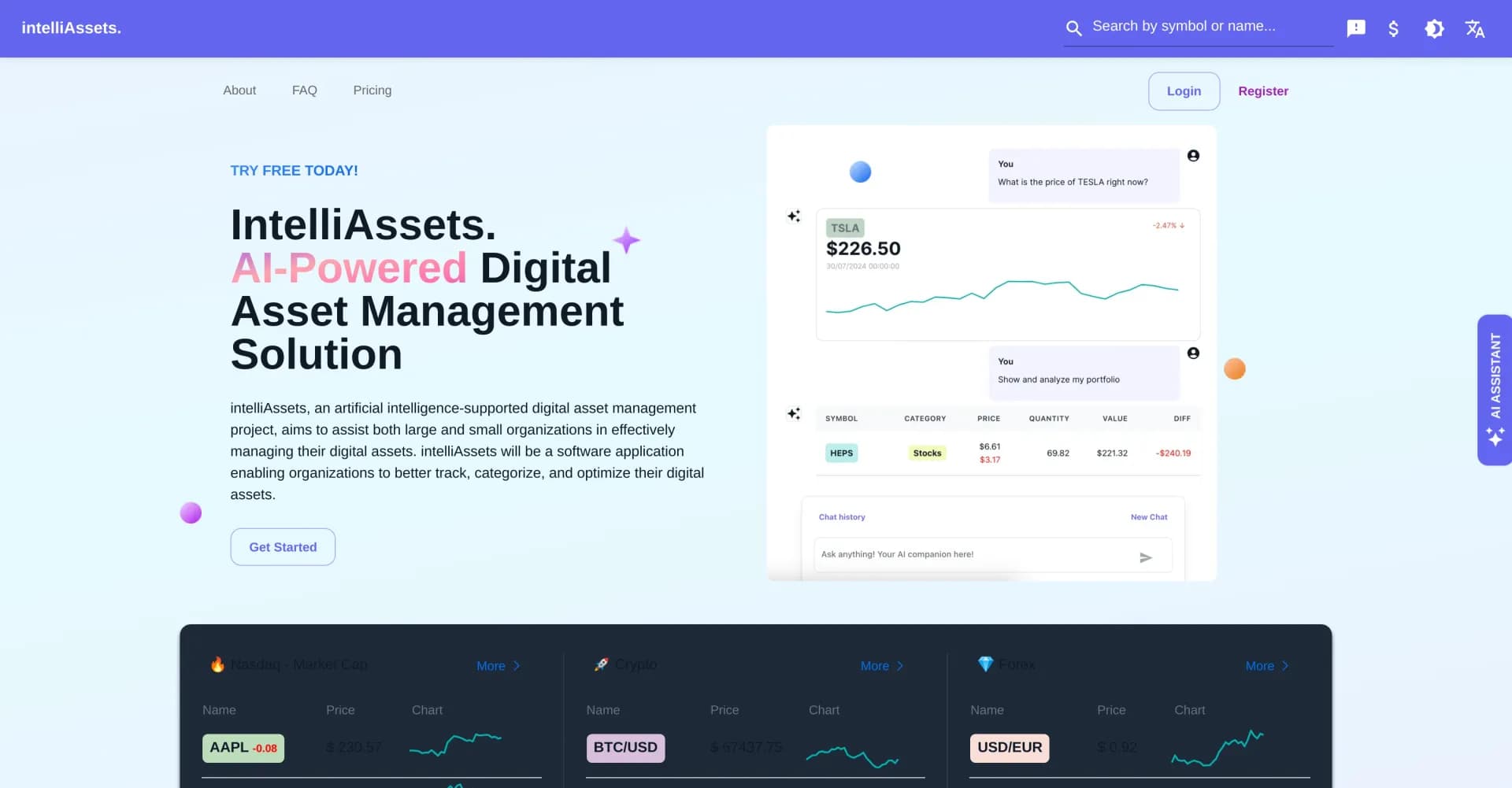 intelliAssets homepage screenshot — AI-powered digital asset management for smarter organization
