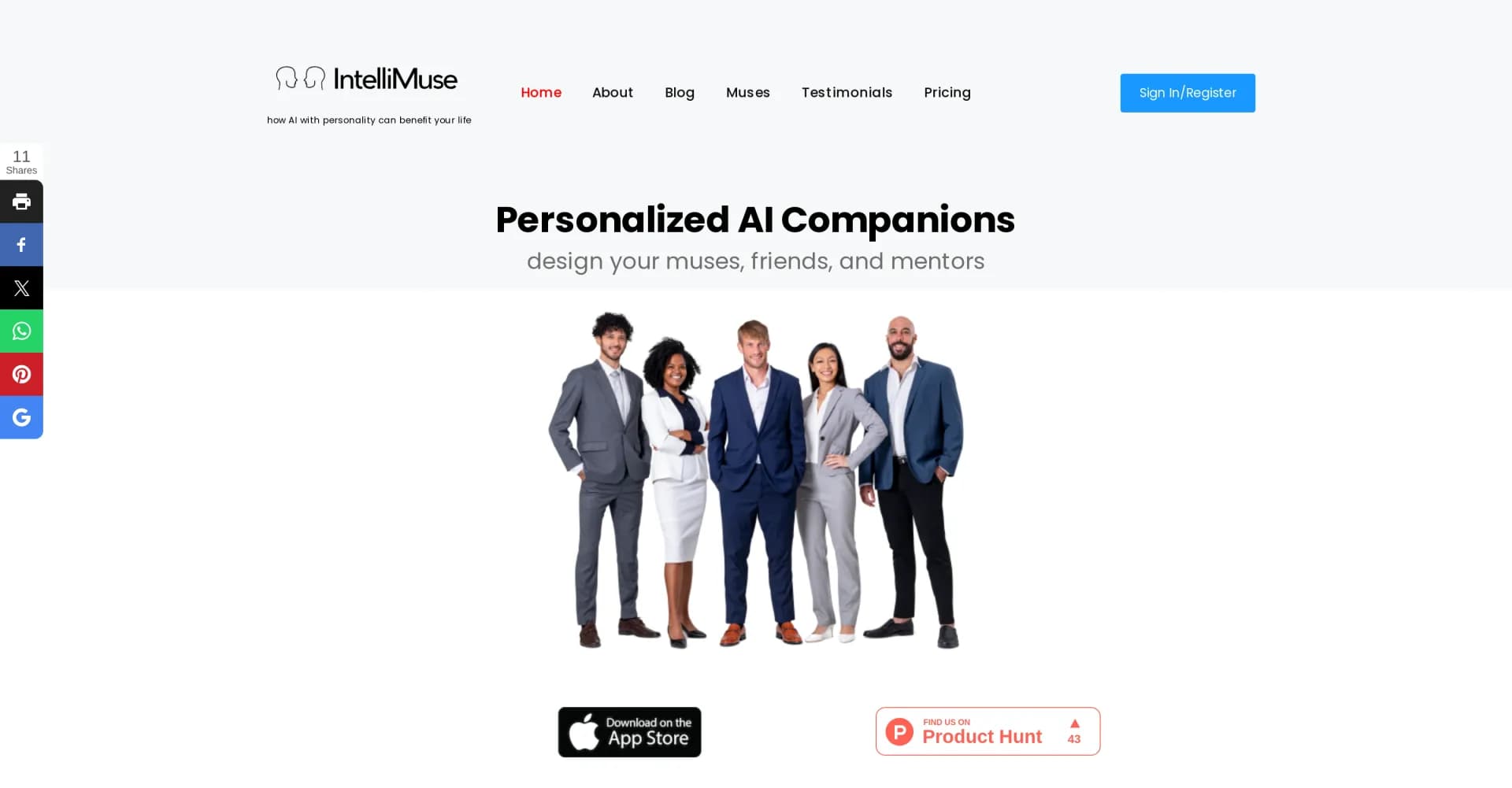 IntelliMuse homepage screenshot — Design your own AI companions for intelligent conversation.