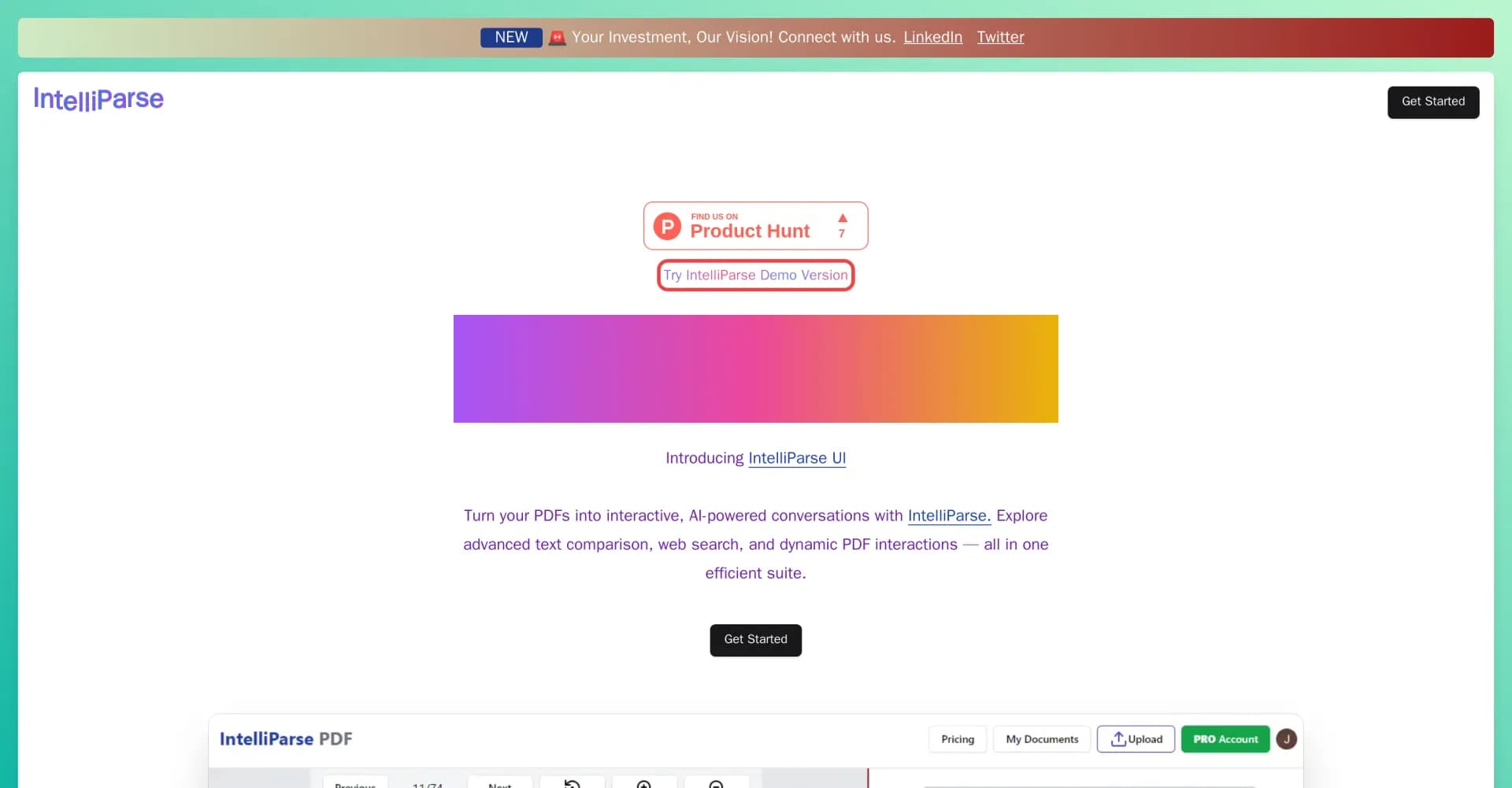 IntelliParse homepage screenshot — AI-powered PDF conversations and analysis