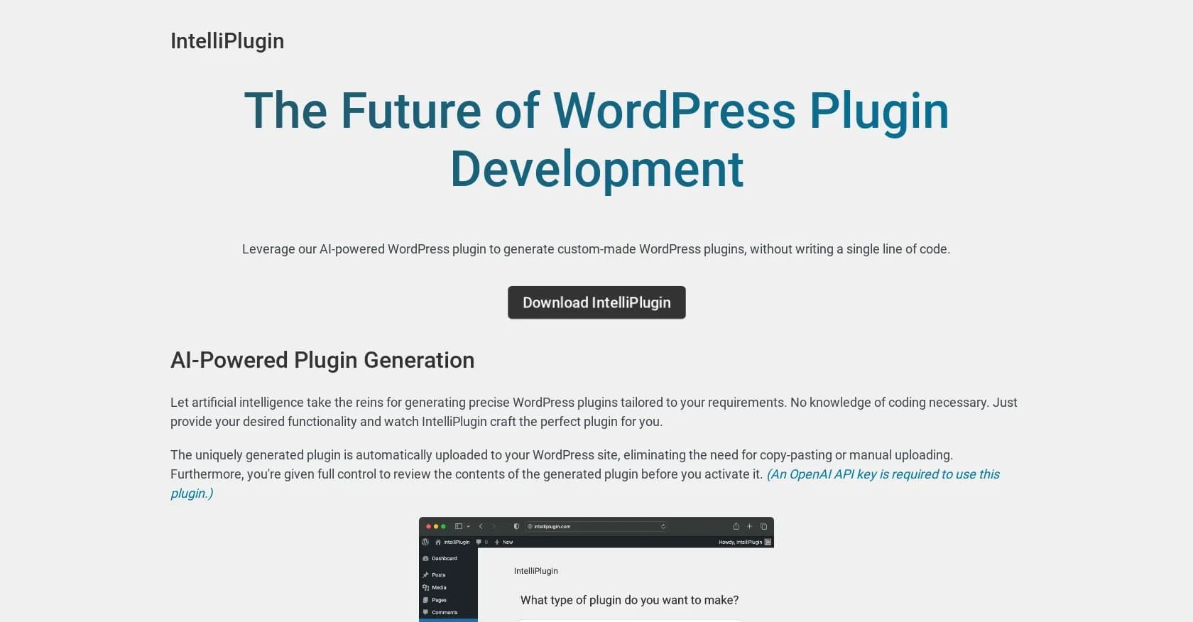 IntelliPlugin homepage screenshot — Generate custom WordPress plugins with AI, no coding require