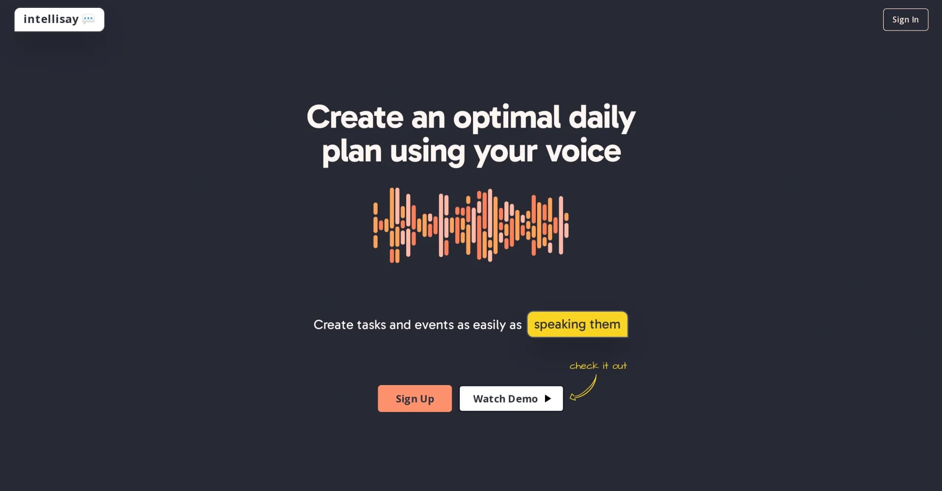 intellisay homepage screenshot — Create an optimal daily plan using your voice