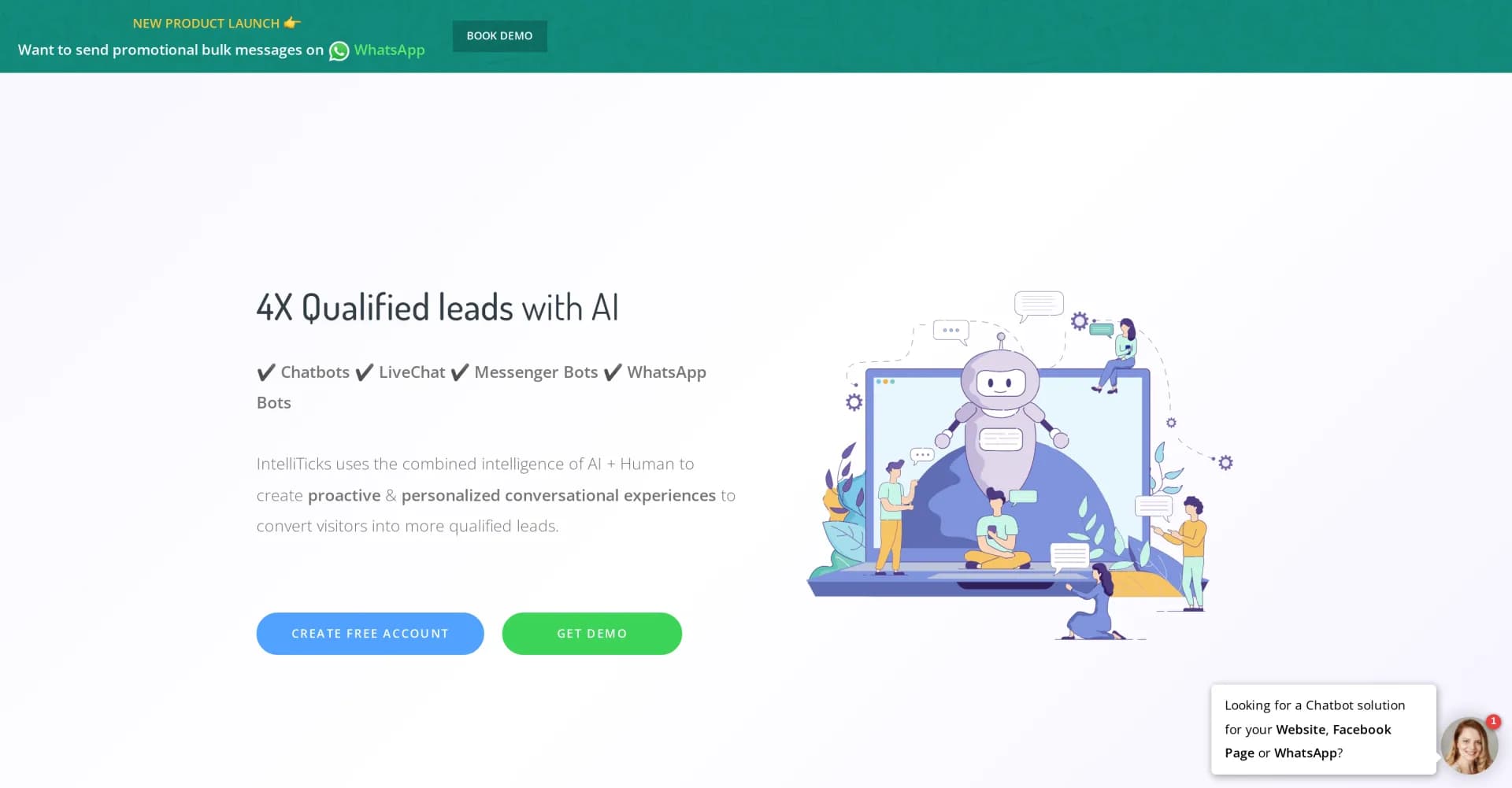 IntelliTicks homepage screenshot — AI-powered live chat for 300% more sales leads
