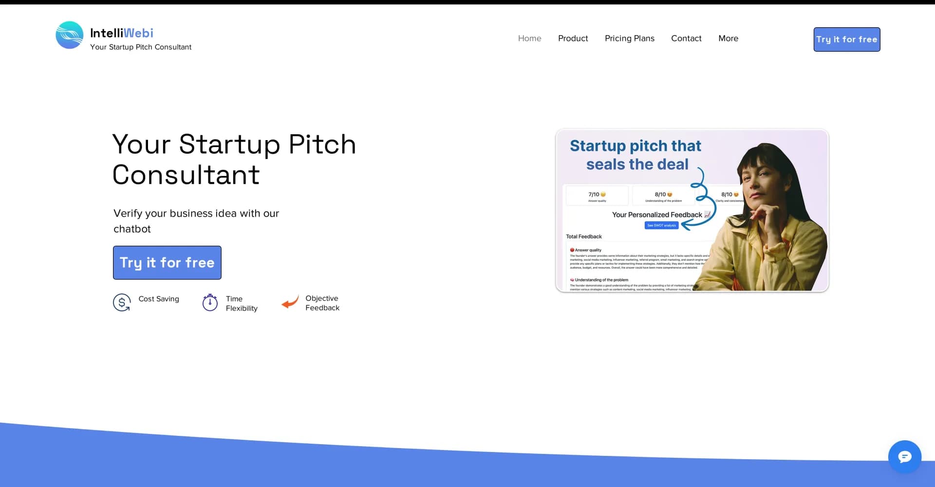 Intelliwebi homepage screenshot — AI-powered pitch assistant for startup success