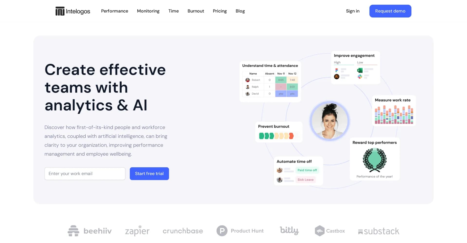 Intelogos homepage screenshot — Create effective teams with analytics and AI