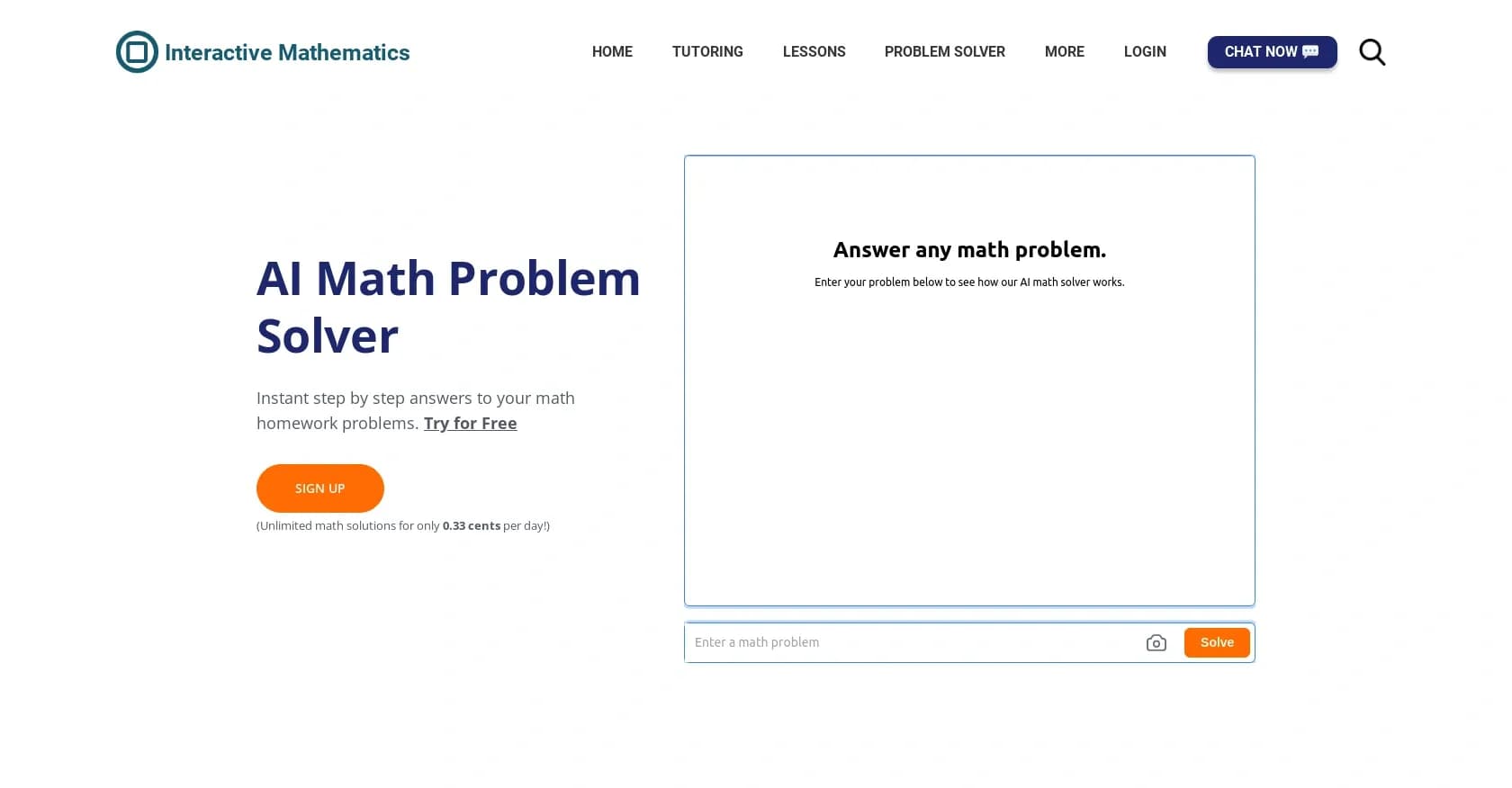Interactive Mathematics homepage screenshot — Instant step-by-step math answers at your fingertips.