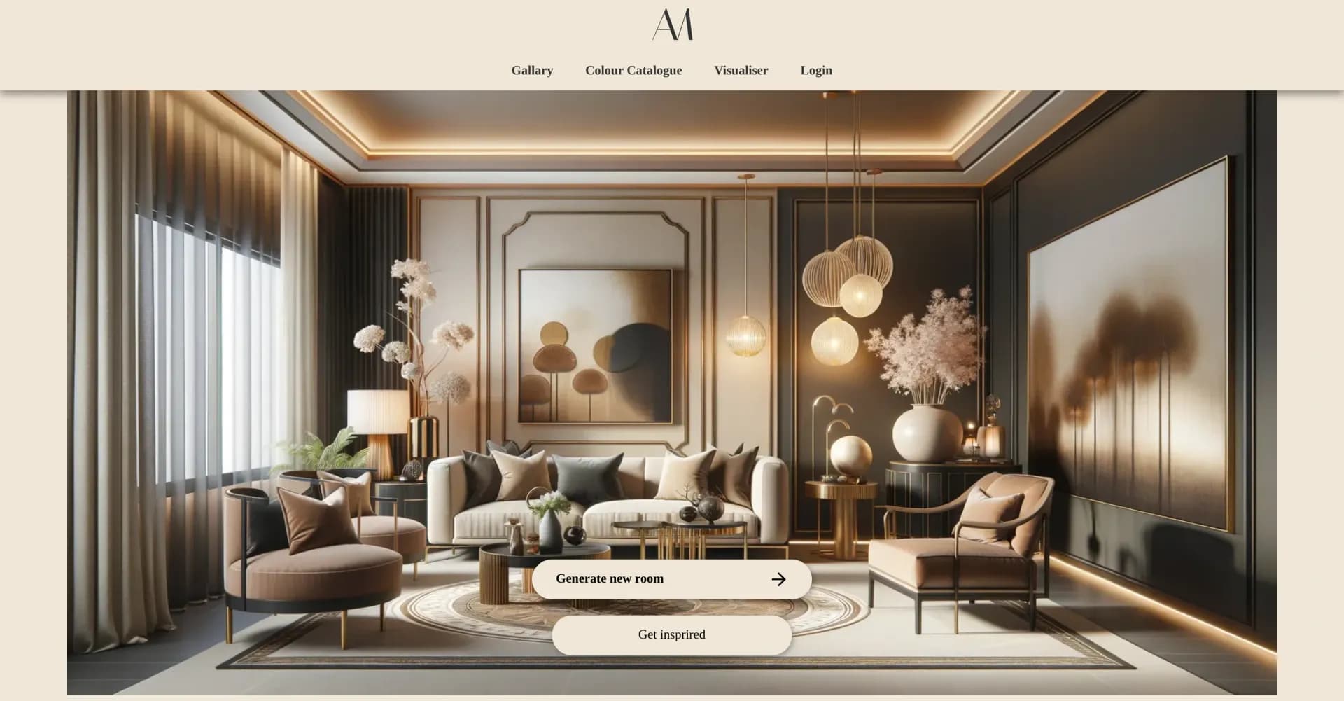 Interior Amore homepage screenshot — AI-powered interior design inspiration at your fingertips.