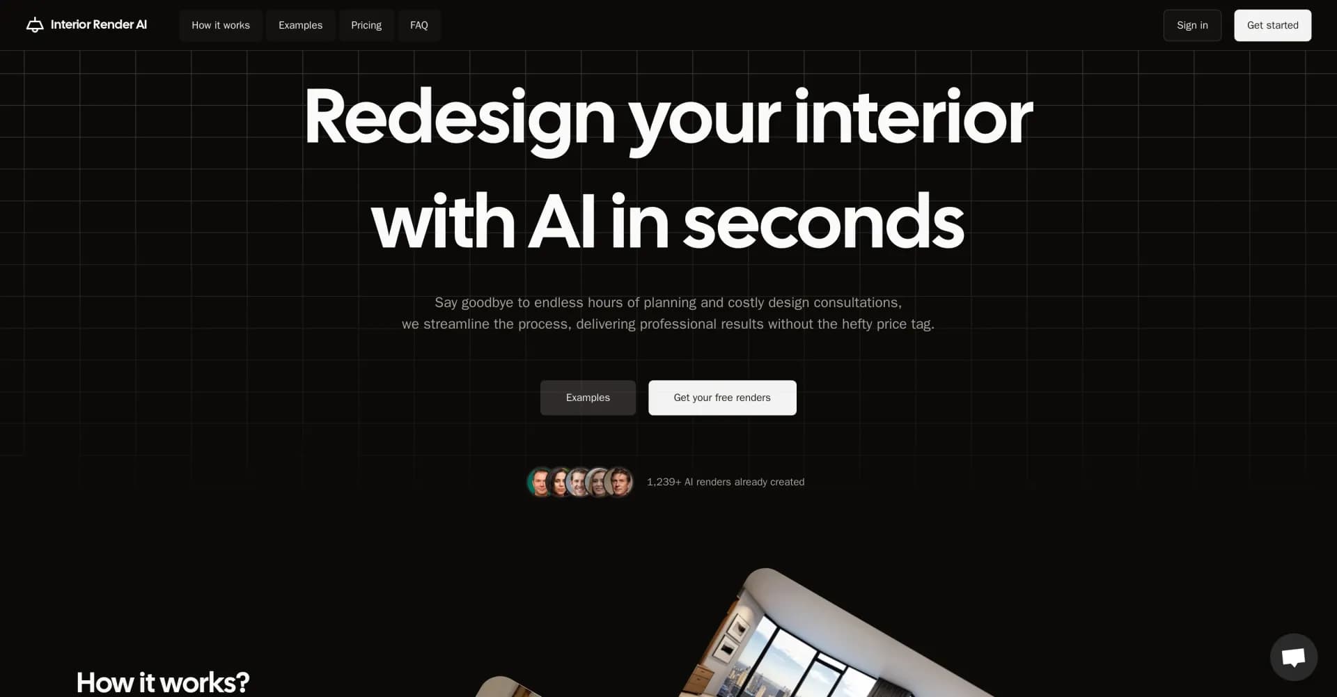 Interior Render AI homepage screenshot — Redesign your interior with AI in seconds