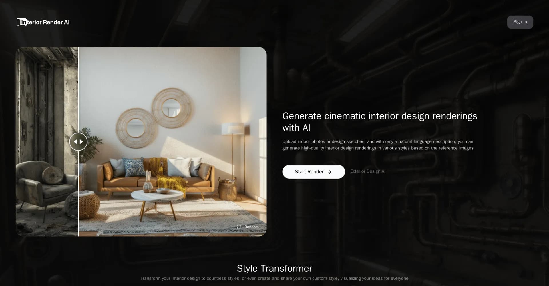 InteriorRenderAI homepage screenshot — Transform rooms with AI-powered interior design renderings.