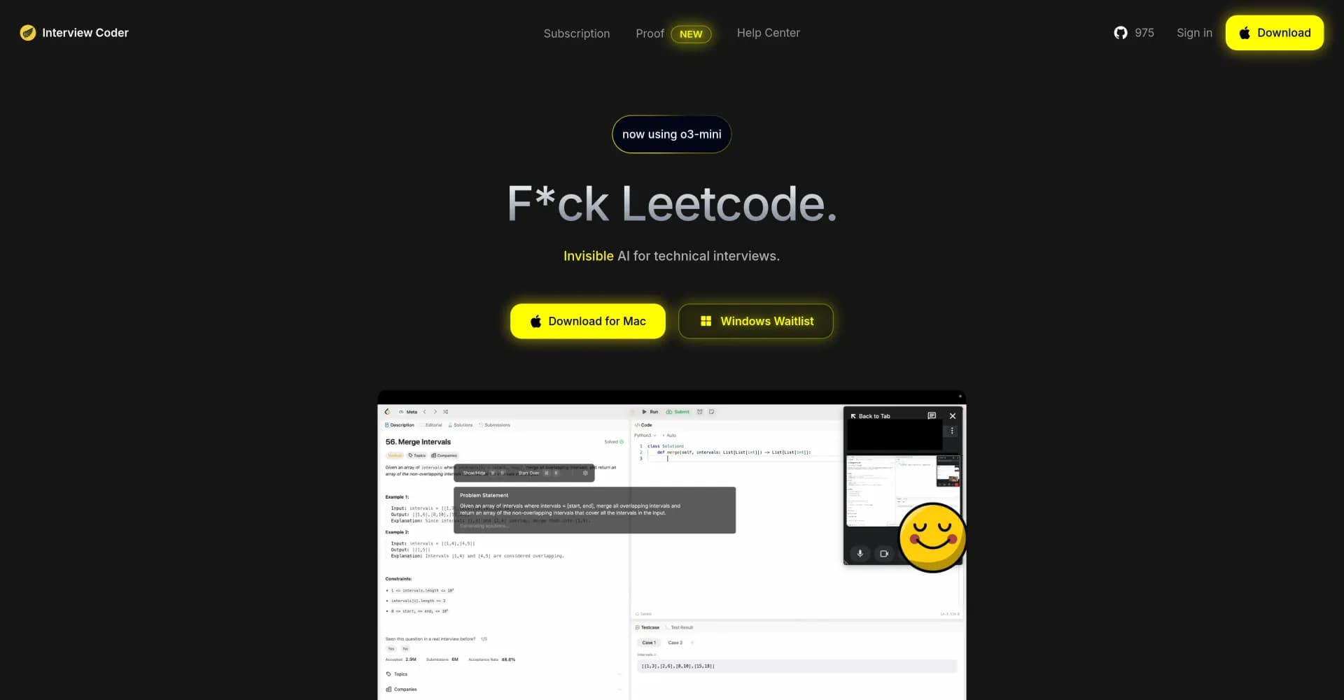 Interview Coder homepage screenshot — Invisible AI for acing technical interviews