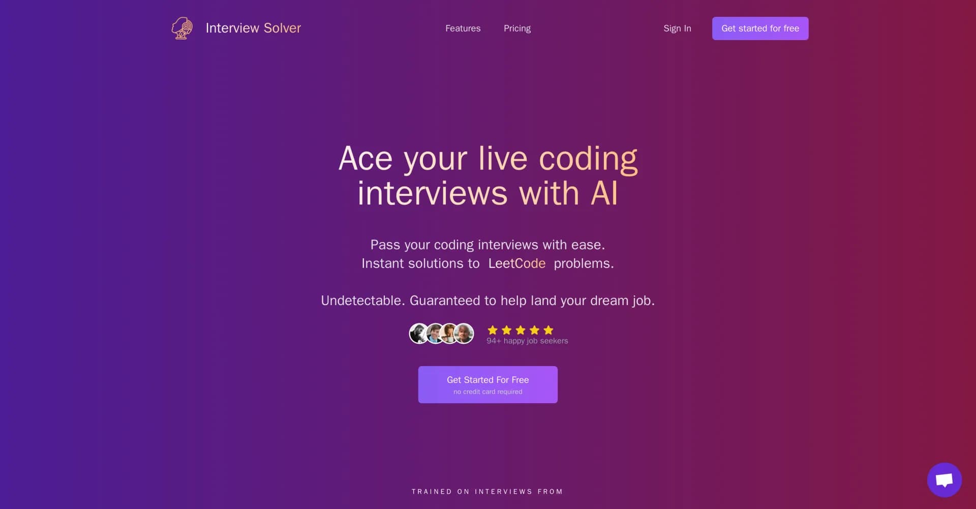 Interview Solver homepage screenshot — Ace live coding interviews with AI assistance