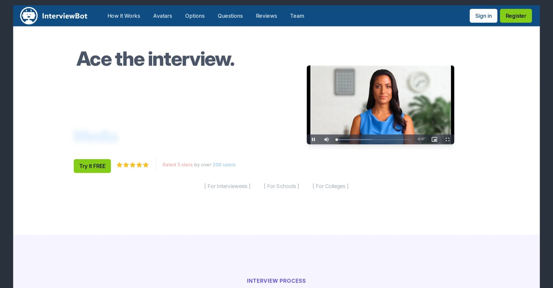InterviewBot homepage screenshot — AI-powered interview practice with instant feedback.