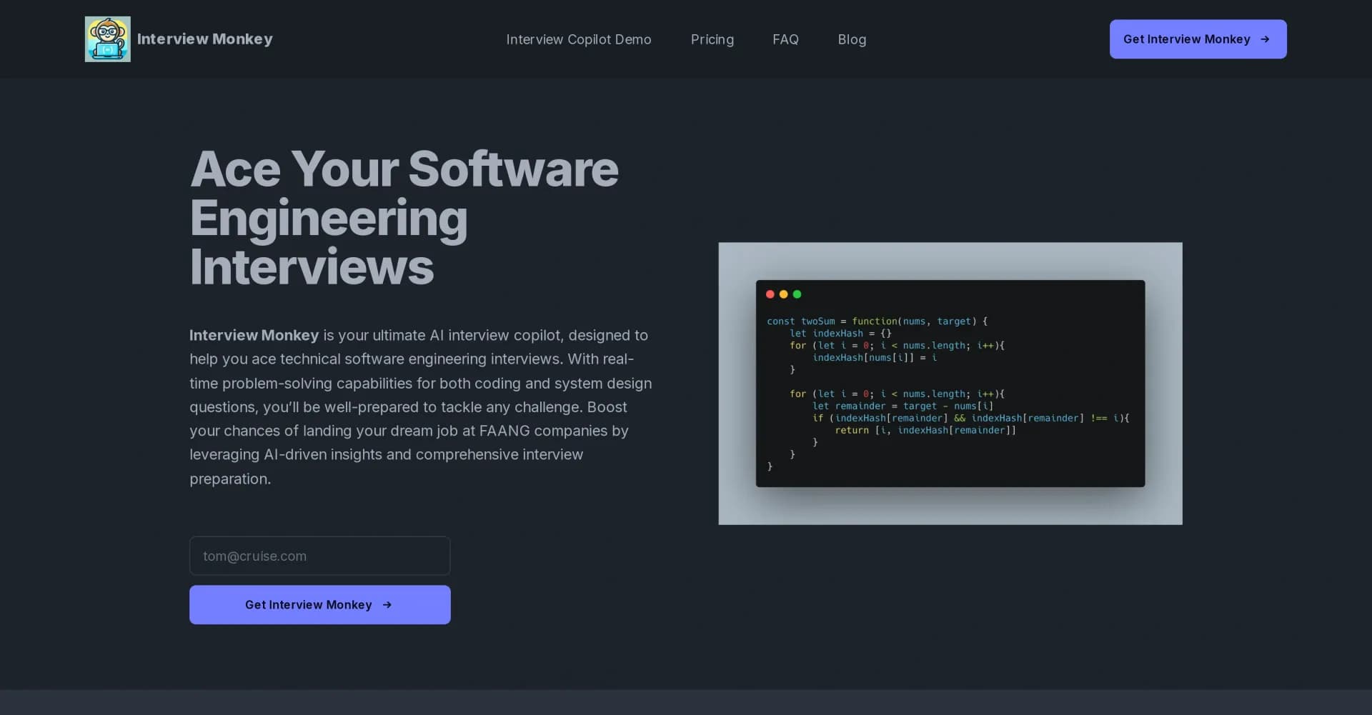 InterviewMonkey homepage screenshot — AI interview copilot for coding and system design success