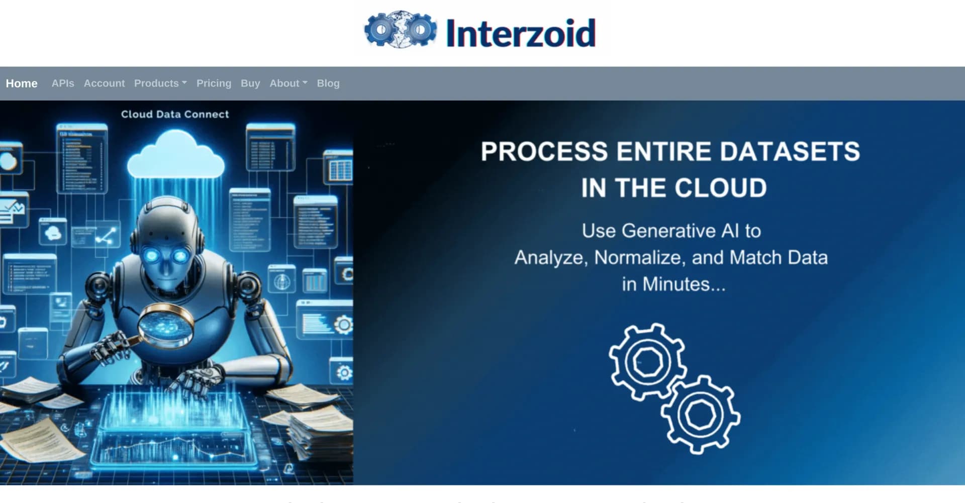 Interzoid homepage screenshot — Enhance the quality of your cloud database data.