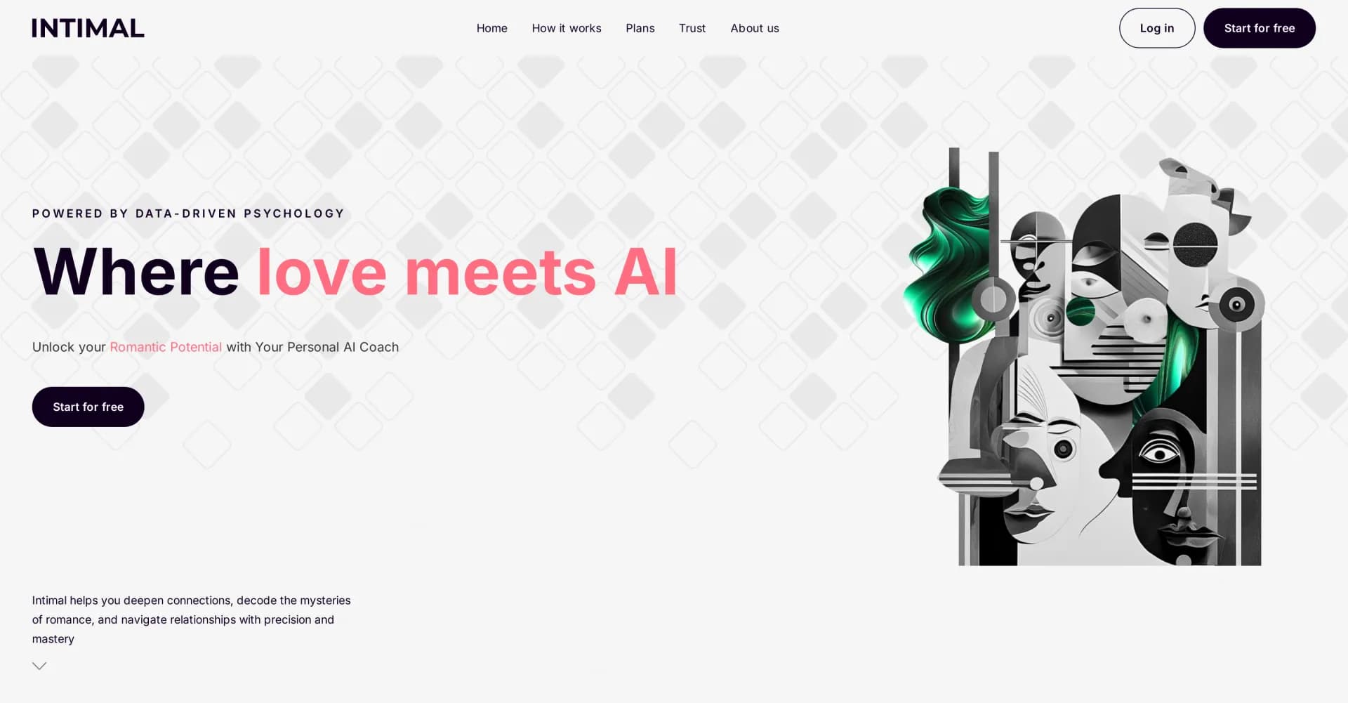 Intimal AI homepage screenshot — Unlock romantic potential with AI-powered coaching